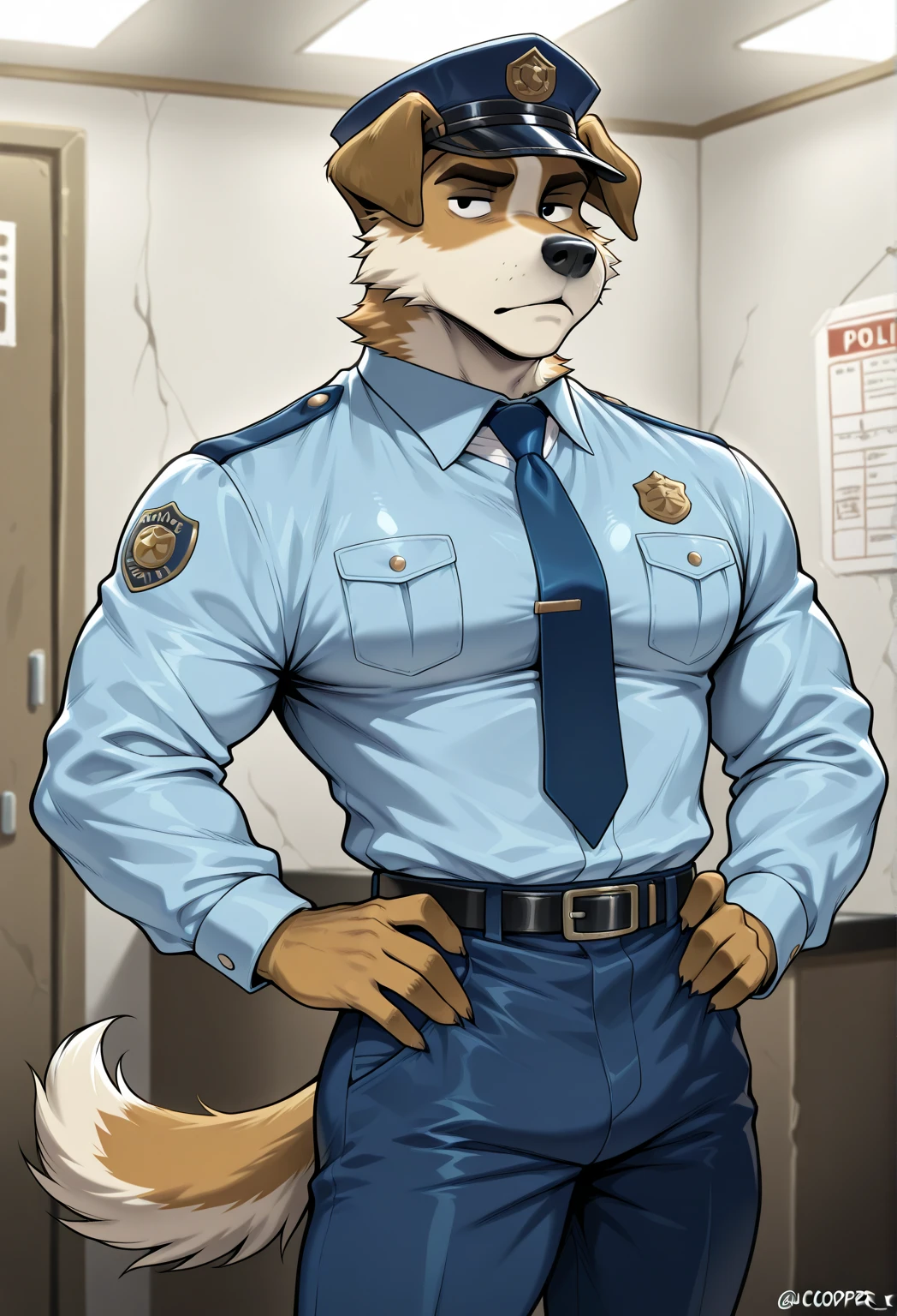 Drawn by bigcozyorca , fat wolf masculine cute body wearing a security guard uniform patrolling an building alone by himself, grumpy guy, beard, fat masculine, furry wolf dude, security guard, black necktie, big, facial hair, smooth drawing, clean art, by zackarry911, by zaush, in uniform, in security guard uniform, has a subtle bulge