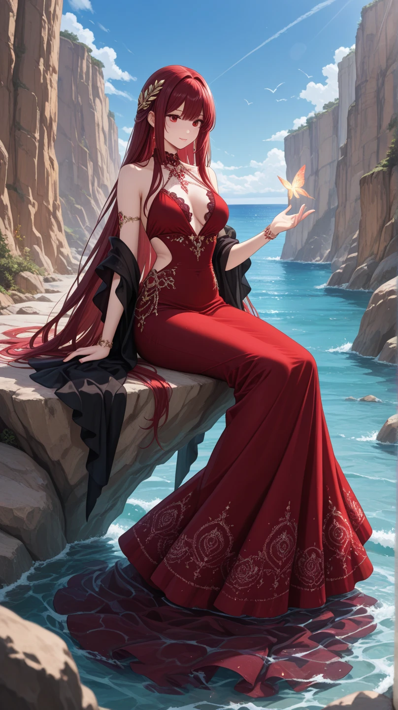 a 25-year-old young woman, with slanted eyes and a thin face, with red head, fair skin and brown eyes, wearing red lipstick and a white flowery dress, with a tattoo of the medusa from mythology Greek on the right arm.