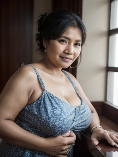 A woman Indonesia has a slightly oval face, chubby cheeks, a sharp nose, a slightly wide forehead, 40 years old,no bra,no panties,huge breast, sitting in a chair on the terrace of the house, evening atmosphere.Original image,hyperralistic,soft light