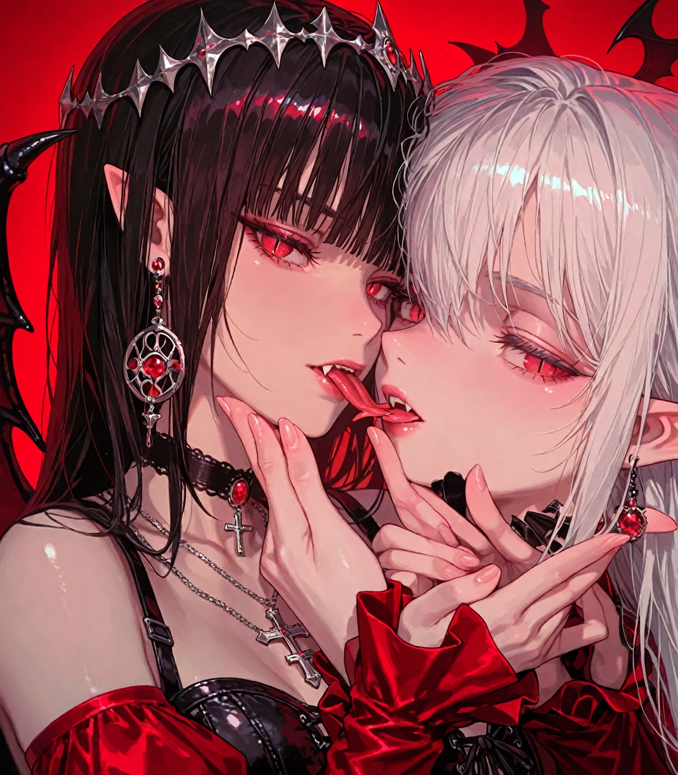 ((best quality, masterpiece, absurdres, super-resolution)) Dynamic Angle, Medium Shot
Break
Vampire, Fangs, Throne, Holding a Staff, royalty, love, (Laugh), Spider Lily, Hug, Pink Hearts
