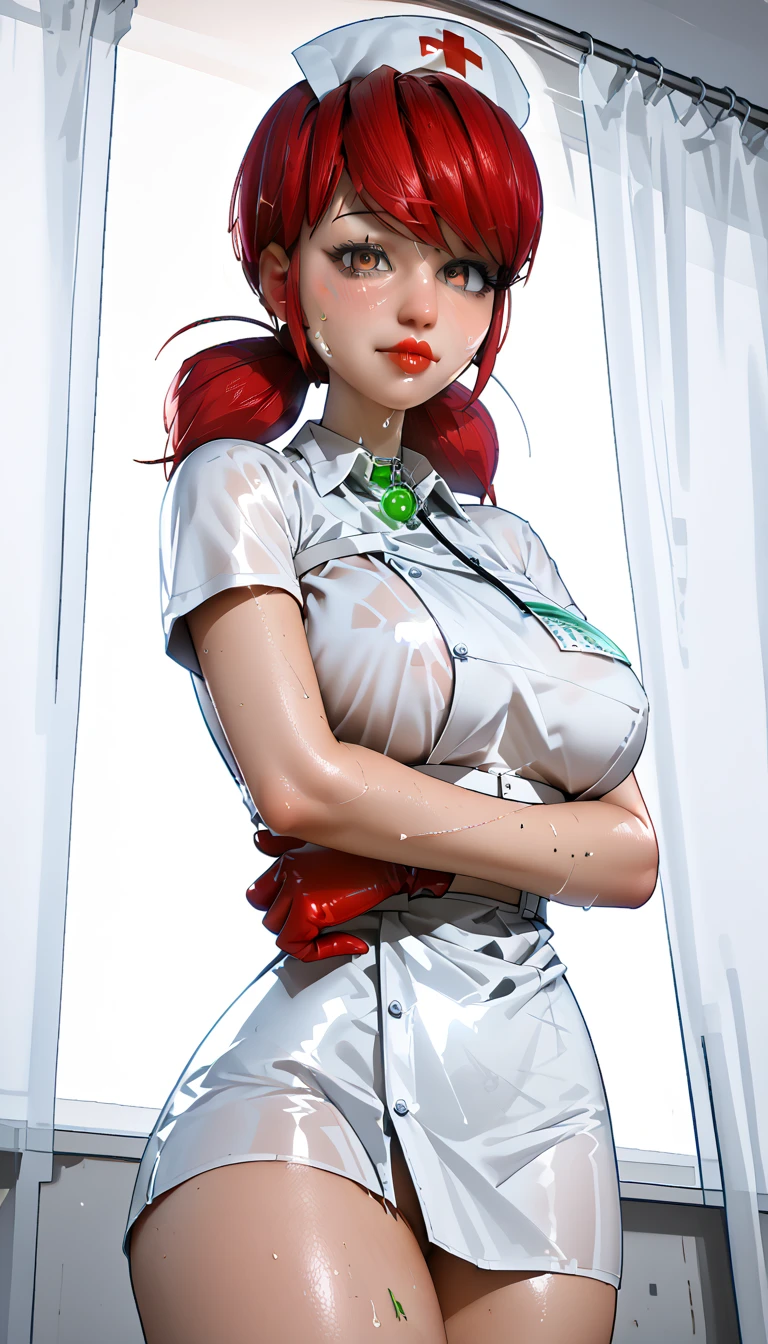 Woman 30 years old (Peta Jensen pov), short red hair, red head, nurse, lascivious, nurse, tight white clothes, uniform unbuttoned, unbuttoned, open to the belly, toned belly, marked, with piercing, nurse uniform without the buttons, no bra, not wearing a bra, not wearing a bra, beautiful huge breasts, giant saggy breasts, jumping out of her clothes, rounded, wet, sweaty and soft, Oppai, Angela White's big tits, blushing, freckles on her face , green eyes, lips parted, leaning forward a little, her arms and hands resting on her leg, close-up, looking forward, naughty, lascivious, slightly wide hips, wide ass, hospital room, natural light, side light, realistic texture, drop shadow, shy and embarrassed look, bottom view, close-up from below, perfect female anatomy, 4k
