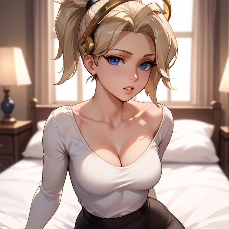 (upper body:1.2) 1milf, masterpiece, best quality, ultra-detailed, illustration, finely detailed eyes and detailed face) Clothes: white pencil skirt , tube top white, wedding ring, Appearance: short blonde hair in a ponytail, no bangs, zero bangs, natural makeup, (purple eyes:1.05), wide hips, massive breasts, alluring, motherly, at_the_CEO_office, looking at viewer, curvy, voluptuous, full body, CEO lady, (mature female, milf:1.1), solo, (curvy:1.1), big ass, thick thighs, milf, very detail, excellent quality, high quality, 1girl, looking at viewer, mature woman, upper body, tall female, standing, (reaching towards viewer, pov from below lying in bed:1.4)