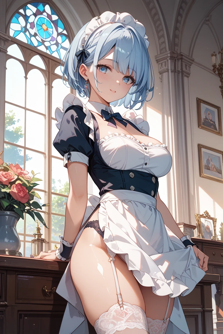 ((1girl)),((alone)),rem,re:zero,(masterpiece), (best quality), (ultra detailed), (best illustration), (best shadow), (absurdities), sharp focus, cowboy shot, dynamic posture looking at viewer, big breasts, narrow waist, wide hips, wide thighs, round butt, erotic, romantic, (very detailed eyes, lips 1.1), very detailed eyes, eyes, Very detailed face, Very face beautiful, full height, beautiful slim figure, femininity, expressive appearance, elastic big breasts, increased sexuality, blue eyes, blue hair, hair ornament, hair over one eye, hair ribbon, short hair, x hair ornament , apron, black ribbon, black skirt, black sleeves, detached collar, detached sleeves, flower, ruffled apron, ruffled skirt, ruffles, head crown, long sleeves, maid, miniskirt, neck ribbon, purple ribbon, ribbon, ribbon trim, ribbon trimmed sleeves, roswaal mansion maid uniform, short hair, skirt, thigh highs, waist apron, white apron, white stockings, , defined body, Perfect and beautiful body, perfect and beautiful, , closed mouth, calm expression, blushing, (sexy pose: 1.2), ((solo)), standing: 1.3, outdoor, castle, garden, flowers, grass, fountain, clouds, sunset, looking back, from behind, ((focus on ass)), point of view: (from below), red blush, perfect anatomy, perfect hands