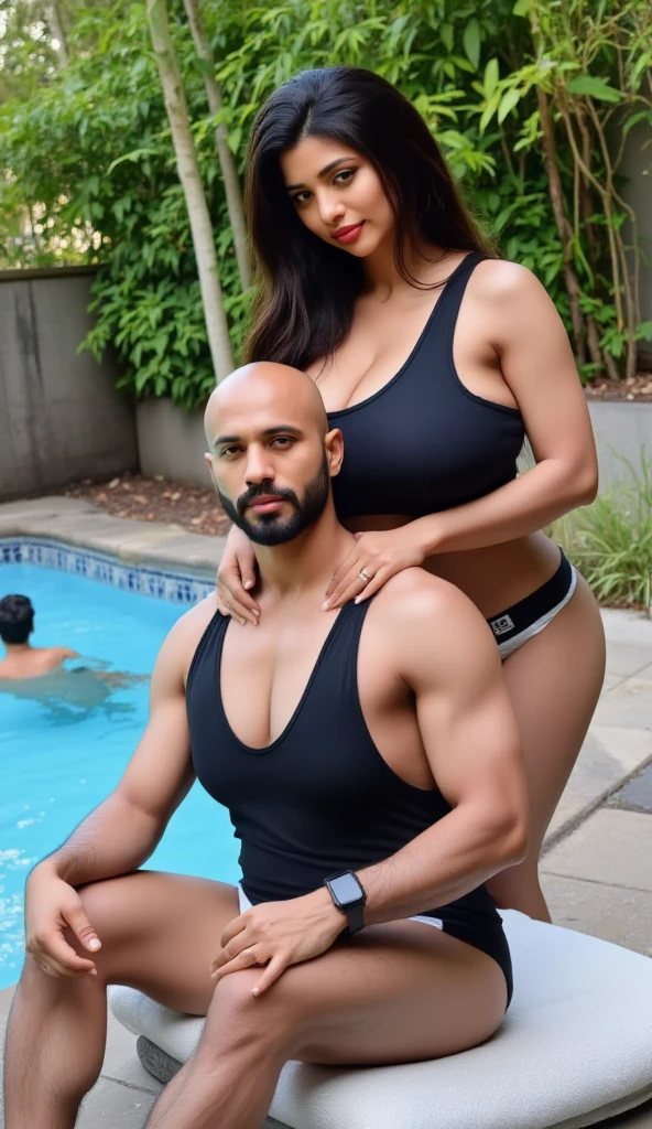 Sexy indian married couple, black man with bald head, tall, fat, black woman with long hair perfect body, big breasts, big hips, big ass, short, couple, man and woman, front pose, detailed. Woman wearing Bikini, man wearing black t shirt and yoga pants.