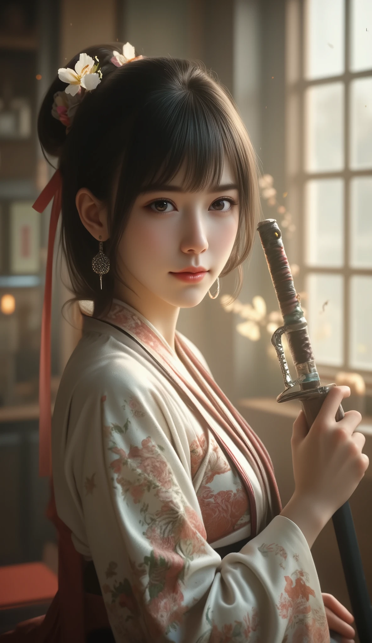 high quality, 4K, Hi-res, Master class, Extreme Detail, realistic, realistic照片級, HDR, UHD, Indoor lighting, Super Fine Painting, Sharp focal length, Physical Rendering, Extremely Detailed, major, Vivid Color, bokeh looking at the audience, Smile, short hair, bangs, Brown hair , Dark Hair, headgear, Long Sleeve, dress, ribbon, Grip, brown eyes, Shut up, stands, full body, Ponytail , weapons, flower, Earrings, japanese clothing, look back, sword , Flower head, wide sleeves, kimono
