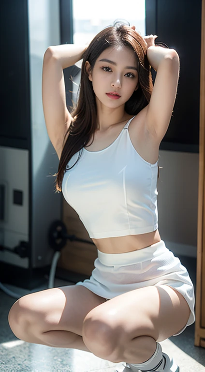 White tennis wear, tennis racket, Tennis ball, Tennis court, (Highest quality) , ((Very detailed)) , 4K , (8k) , masterpiece, Very detailedな, Highest quality, Super Resolution, 1 person, Crying a little, Soft Light, RAW quality, Soft Skin, 152cm , 20-year-old girl, Cute type, Big Natural Color Lip, Positive, Spread your legs, (Provocative dynamic pose) , (Perfect figure)Beautiful feet, Voluptuous thighs, Soft long hair, bangs, Brown Hair, 1 personの女の子, Highest Resolution, Big and cute eyes, A clear double, White pleated micro mini skirt, No underwear, Voluptuous thighs, Plump body, Huge breasts, (Expresses the roundness and softness of the chest area...1) , I'm a little sweaty, Pussy in full view, Skirt flip, Beautiful pussy line, erotic