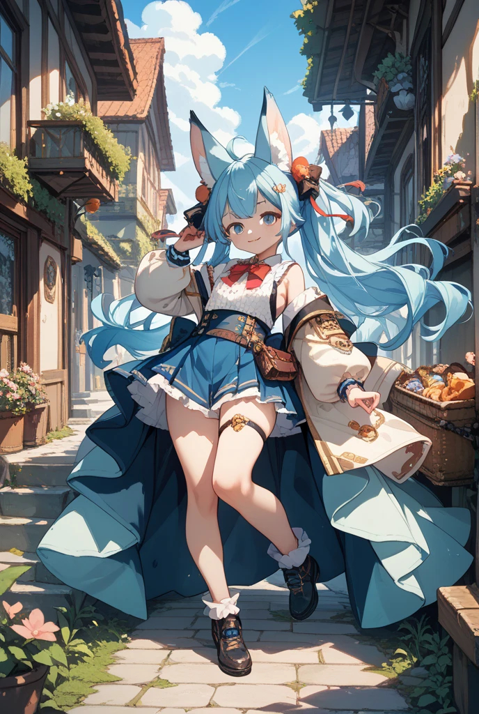 1girl, , in Wonderland, large breast, earrings, necklace, cute face, smile, blushing, (((front view))), white rabbit, low angle, whole body, angle of view looking up from feet, festival, parade, in the city, best quality, depth of field, cinematic lighting, aesthetic, detailed face realistic, detailed clothes realistic,kawaiitech, pastel colors, kawaii, cute colors,Alice,Wonderful