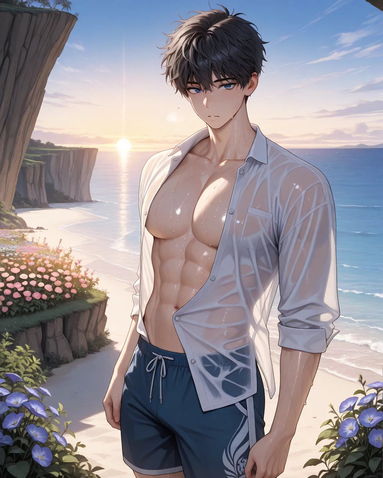 masterpiece,best quality,high quality,extremely detailed,(male austere handsome one solo adult age 30 years old:1.5),(purple eyes, cool with suspended eyes), body strong and fearless 8.5 head tall and 185cm tall,(well-groomed black hair short hair to neck:1.4), (bangs parted in thirds:1.4), (pectoral and rectus abdominis:1.3), slender nose, facial muscles, (saltwater pants:1.3), (hand on neck:1.3), (scowling smile:1.3), (taking a dip:1.3), (stylish pose), (background summer waterfall and forest:1.3), (blue sky), (upper body:1.3)