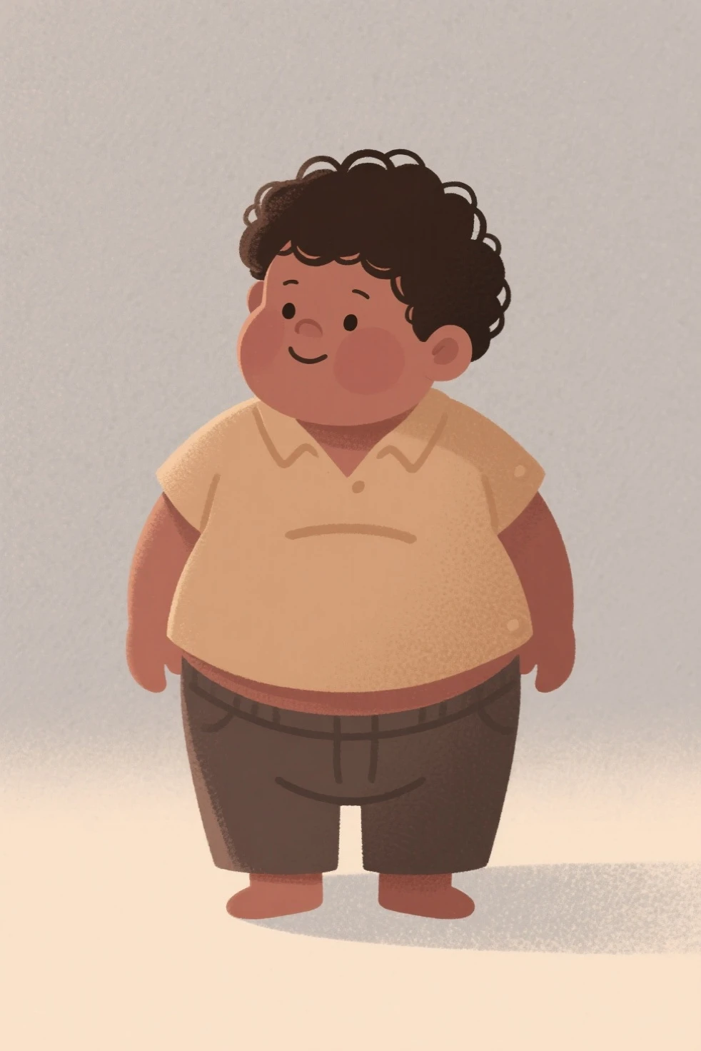Create a male anime character with a green shirt and shorts and curly hair brown skin and fat