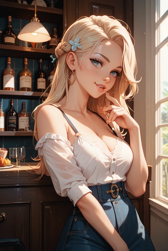 melancholy lighting, quiet, calm, brightness, masterpiece, best quality, 1girl, (JinxLol:1.2), (ultra photorealistic:1.3), (masterpiece:1.4), best quality, ((realistic)), high quality, ultra detailed, ((real image)), ((realistic skin)), ((realistic face)),(illustration:1.05), (beautiful:1.05), (beautiful detailed eyes:1.05), (cinematic light:1.1), full body, precise proportions, 18-year-old girl, skinny model, BLONDE hair fluttering in the wind, tulle, long legs, feet slightly open, buttocks, blush, shyness, collarbone, abdominals, double weave, beautiful and delicate face, fair skin, real skin, (face detail), pores, super high resolution, 8k, parameters Best quality, masterpiece, super high resolution, (Realistic 2.0), More details, detailed skin, wide smile, white teeth, full hair CURLY BONDE voluminous, perfect and well designed eyes, Girlfriend, Beautiful, Beautiful, Studio Lighting, sitting in a 1800's restuarant, retro bar, cocktail drink on table, busy bar