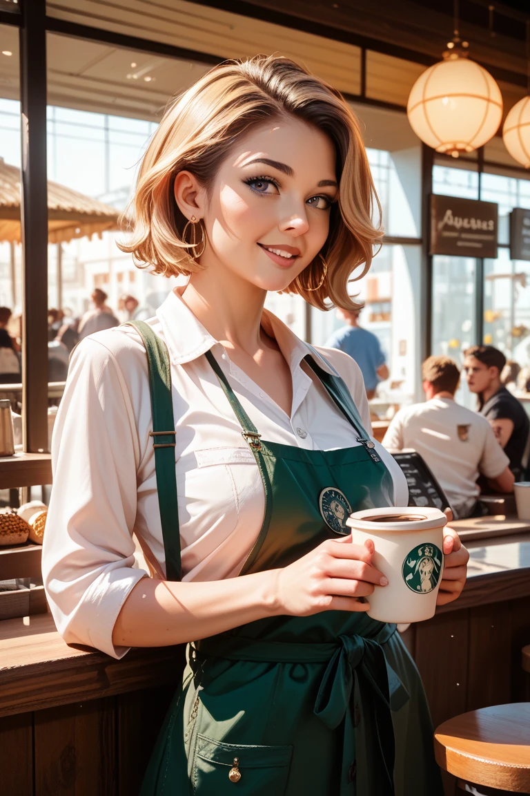 A 18-year-old white woman with unparalleled beauty. coffee shop  barrister,  blue eyess、short blonde hair、ponytail, large black rimmed glasses, 
Background of coffee shop, she is behind the counter, serving you. 
Slender yet well-proportioned body、mediumbreasts, 
Wearing a beige and green uniform. 
Viewer is a customer looking at her behind the counter, she leans forward taking your order
Photorealistic images、8K picture quality、full length Apron, 