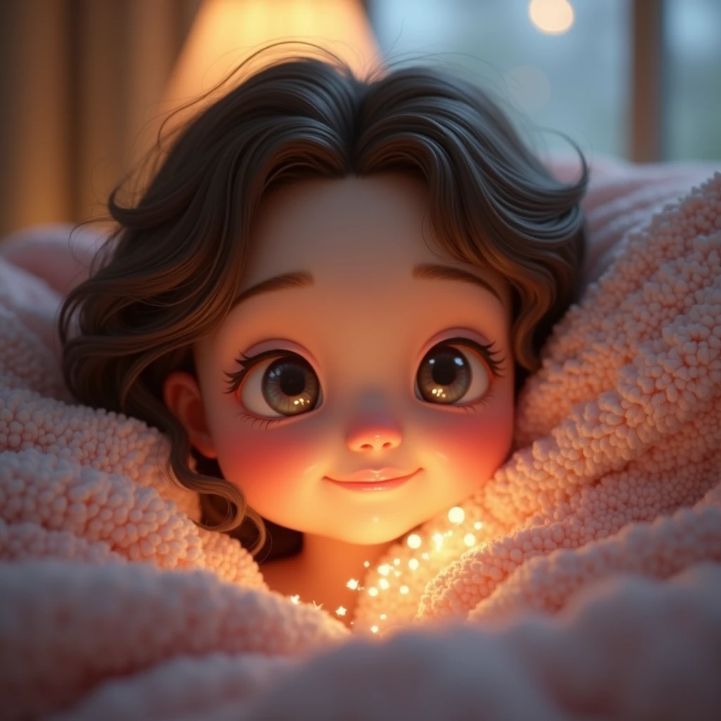 
Create an animated video of a cute young girl with large green eyes and blonde hair styled in a ponytail. The scene should be warm and cozy, with soft lighting and a pink, fuzzy blanket surrounding her. She is in a playful mood, giving a gentle wink while tilting her head slightly to the side. The animation should capture her innocence and charm, making her actions appear sweet and endearing. Ensure the background remains softly blurred with twinkling lights to maintain the cozy atmosphere.
