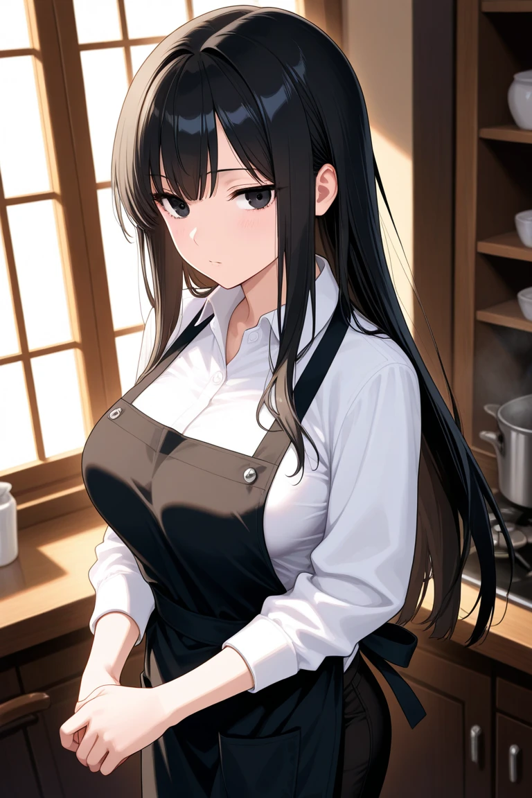 ((Finest quality)),(超A high resolution),(ultra-detailliert),((Best Anime)),sharpnes,Clair,Art with astounding depictions, (hi-school girl:1.3),Wearing an apron over a school uniform,huge tit,a smile, Preparing breakfast in the kitchen