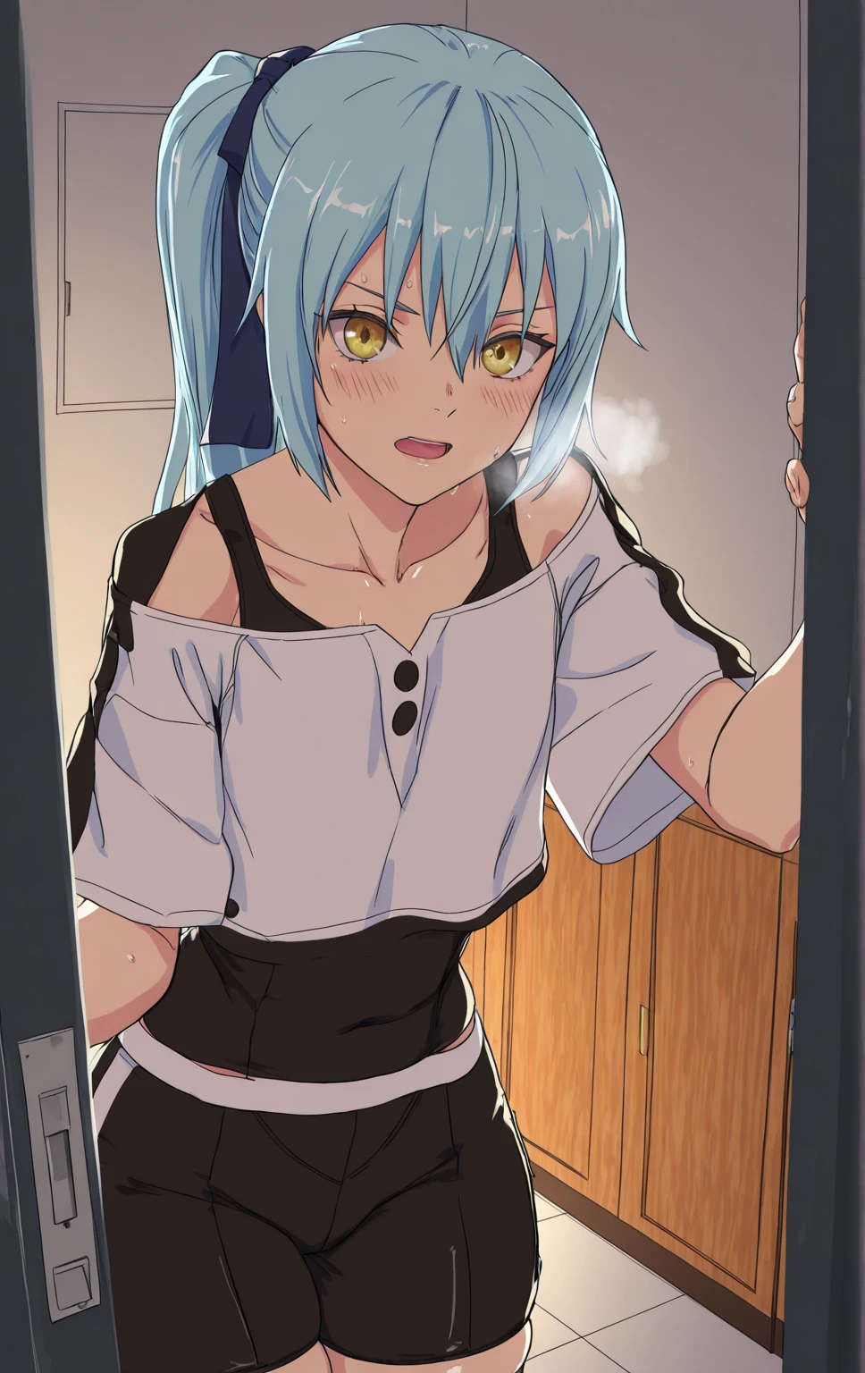 ggstduel, (kawakami_rokkaku-style:1.2), ((anatomical correct)), ((Cinematic, unreal engine, eye-catching, ambient occlusion, UHD, masterpiece)), ((perfect lighting)), perfect body, perfect eyes, perfect fingers, gasping, heavy breathing, gasping profusely, ((skindentation)), ((curvy)), rimuru_tempest, ((blue hair)), yellow eyes, long hair, bangs, hair between eyes, androgynous, ((flat chest)), plump, 1girl, solo, shorts, shirt, looking_at_viewer, black_shorts, open_mouth, sweat, blush, white_shirt, ribbon, star_in_eye, indoors, breasts, collarbone, off_shoulder, door, short_sleeves, open_door