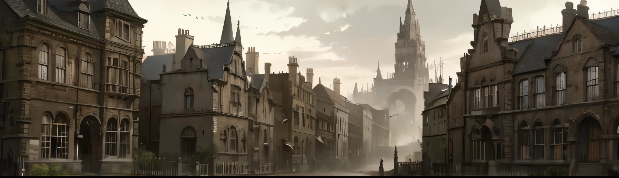 Victorian, terraced houses, buildings, industrial city , 1800s, smoke, cloudy, chimne:0.7, cobblestone streets, gloomy sky, dark , watercolor, painting, bloodborne, gothic