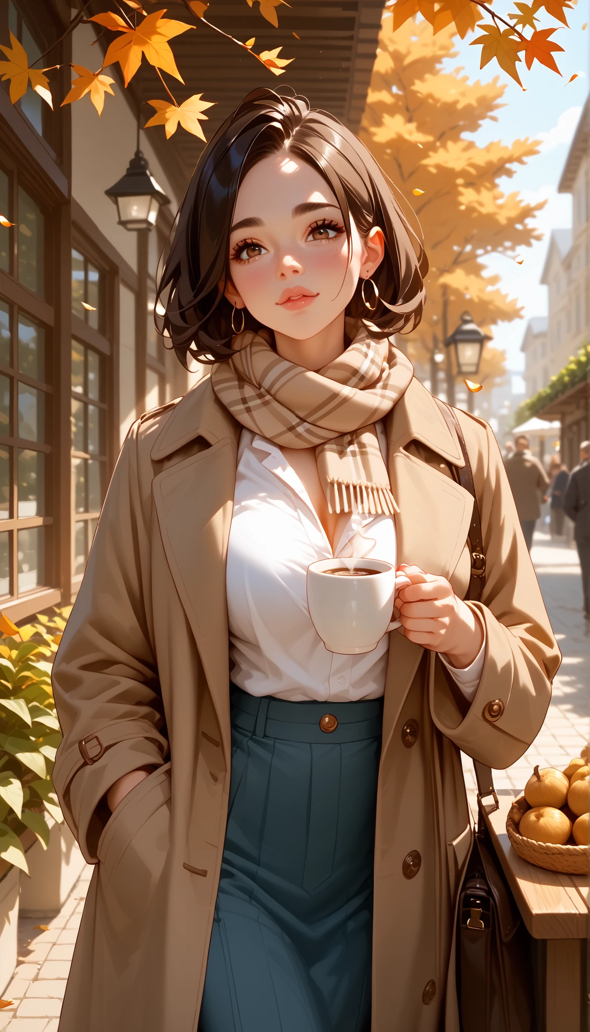 A girl with a nice body and nice breasts sips coffee on a café patio surrounded by falling leaves. She wears a brown trench coat and scarf, her perfect face calm, perfect eyes admiring the view.