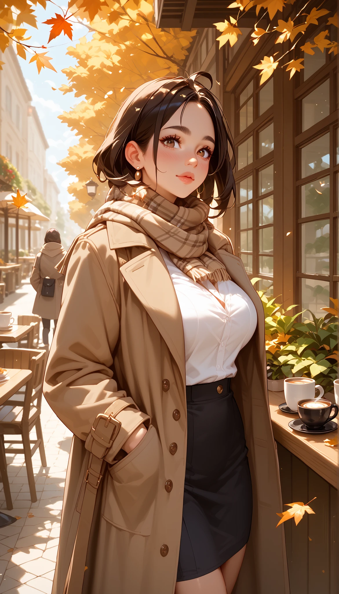 A girl with a nice body and nice breasts sips coffee on a café patio surrounded by falling leaves. She wears a brown trench coat and scarf, her perfect face calm, perfect eyes admiring the view.

