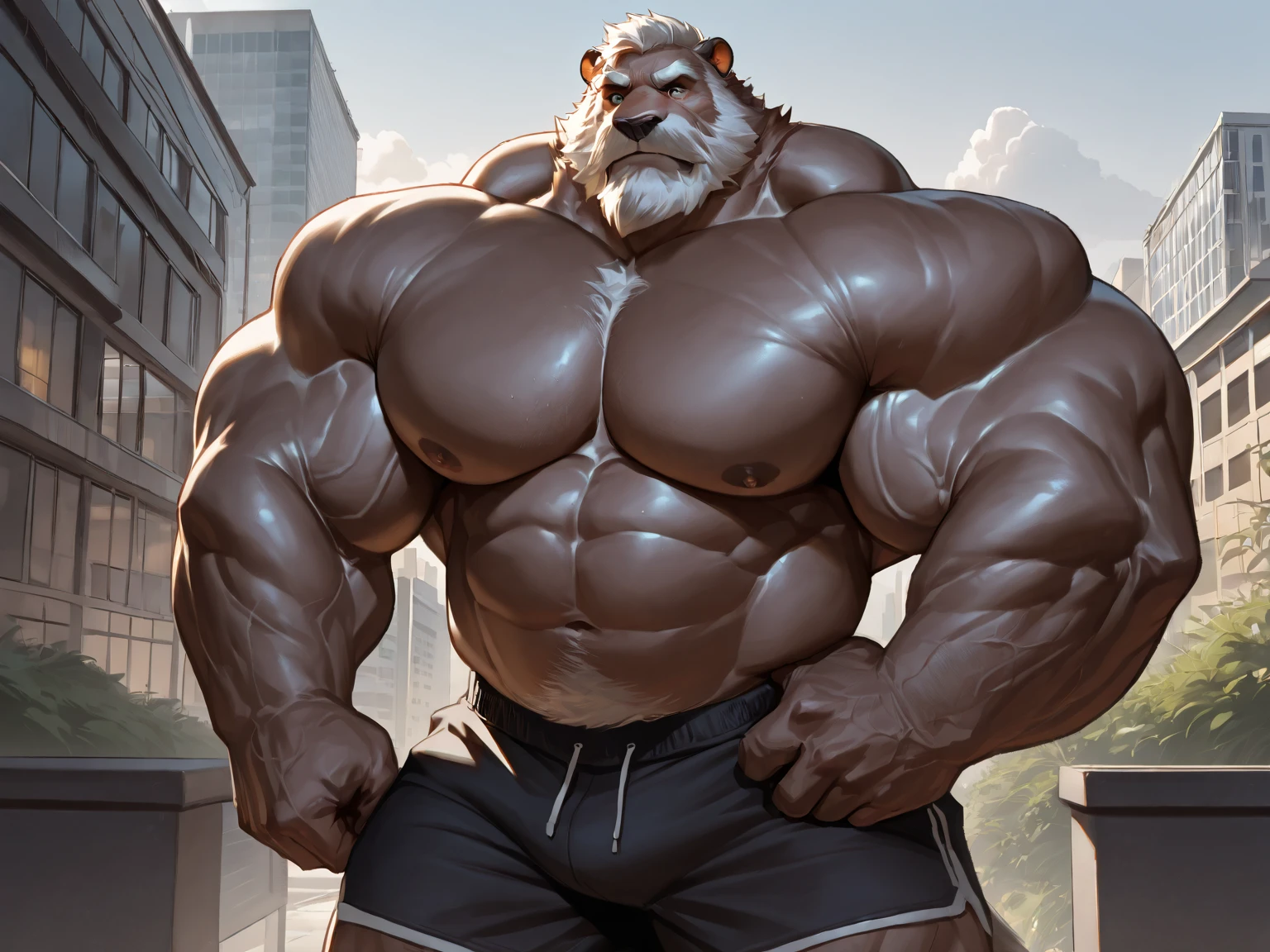 , nj5furry, muscular, albino lion, huge, red eyes), albino lion, ((extremely realistic shadows, masterpiece, extremely detailed, photorealistic)), kemono, albino fur, albino skin, red eyes, large delicate eyes, wide eyes ((detailed eyes)), wearing a tiny ivory thong revealing huge muscular thighs, bulge in the crotch, forest mountain. Height 185 cm, the optimal height, tight clothing, body full of muscles; ripped abs, V-shaped body, thick waist, long legs, Ivory thong, strong arms manly, handsome face, attractive cool calm face type with a cold smile, bodybuilding posture, carefree expression,  Big Breasts, mischievous smile, sexy, detailed face, topless. Massive body, ((really big muscle, massive muscular, sixpack, narrow waist, chiseled abs, thick arms, wide pectoral, super huge muscle, hyper muscular, over sized muscle, huge arms, big arms, huge pectoral)) Ivory thong.