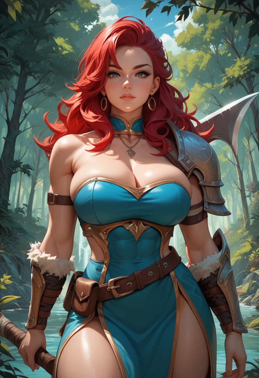 Create an illustrated, hand-drawn, full-color masterpiece with warm lighting and shadows. Incorporate graphite shading, stencil marks, and airbrushed acrylic paint in the style of "Breath of the Wild." The image should feature a beautiful goblin woman with a humanoid, furry appearance and large ears shaped like those of an elephant. She has red skin, bright eyes, luscious thick fleshy lips, and a wide smile. Depict her with a perfect, symmetrical face and a curvy hourglass figure with large breasts. Her face, neck, and arms are covered in intricate blue tattoos, adding a mythic beauty to her. She is wearing a long, flowing, lacey dress with a high neck and long billowing skirts. The background should be detailed and sharp, adding to the overall high-resolution, best quality, and detailed art piece. Scarlett Johanson


