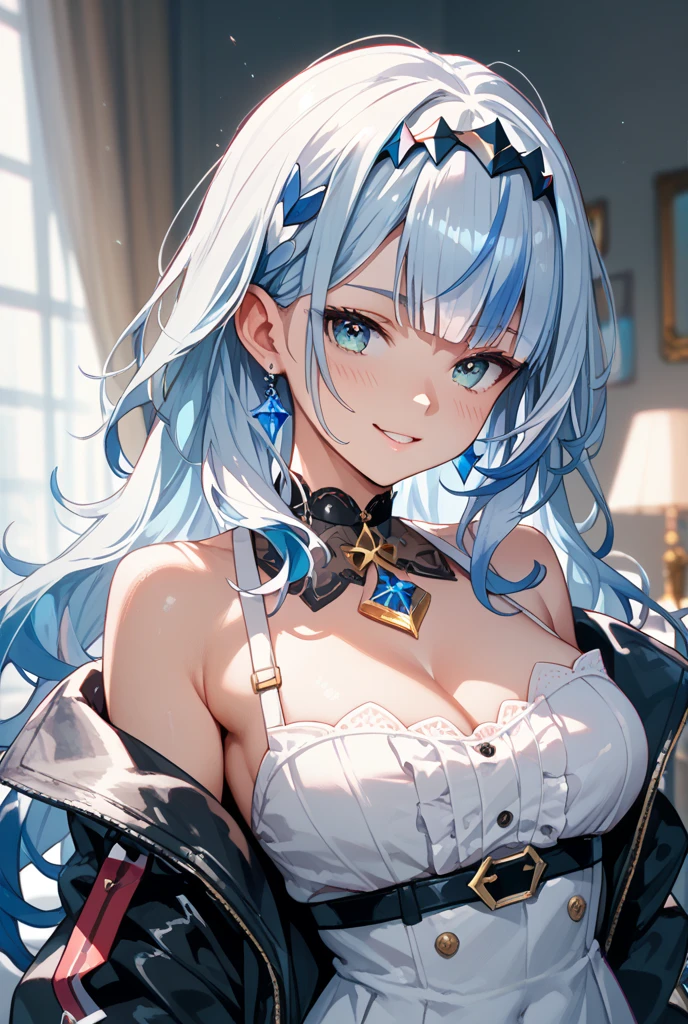 table top　High level image quality　best image quality　8K　 adult woman　portrait　white long gloves（elbow gloves）　White bread　cocktail dress（sleeveless）white wolf ears　short hair（（shortcut）（gray hair）（perm）（fluffy））　eye color is blue　attractive face（（laughter）（smile）（open your mouth））　beautiful feet　Are standing　view from below