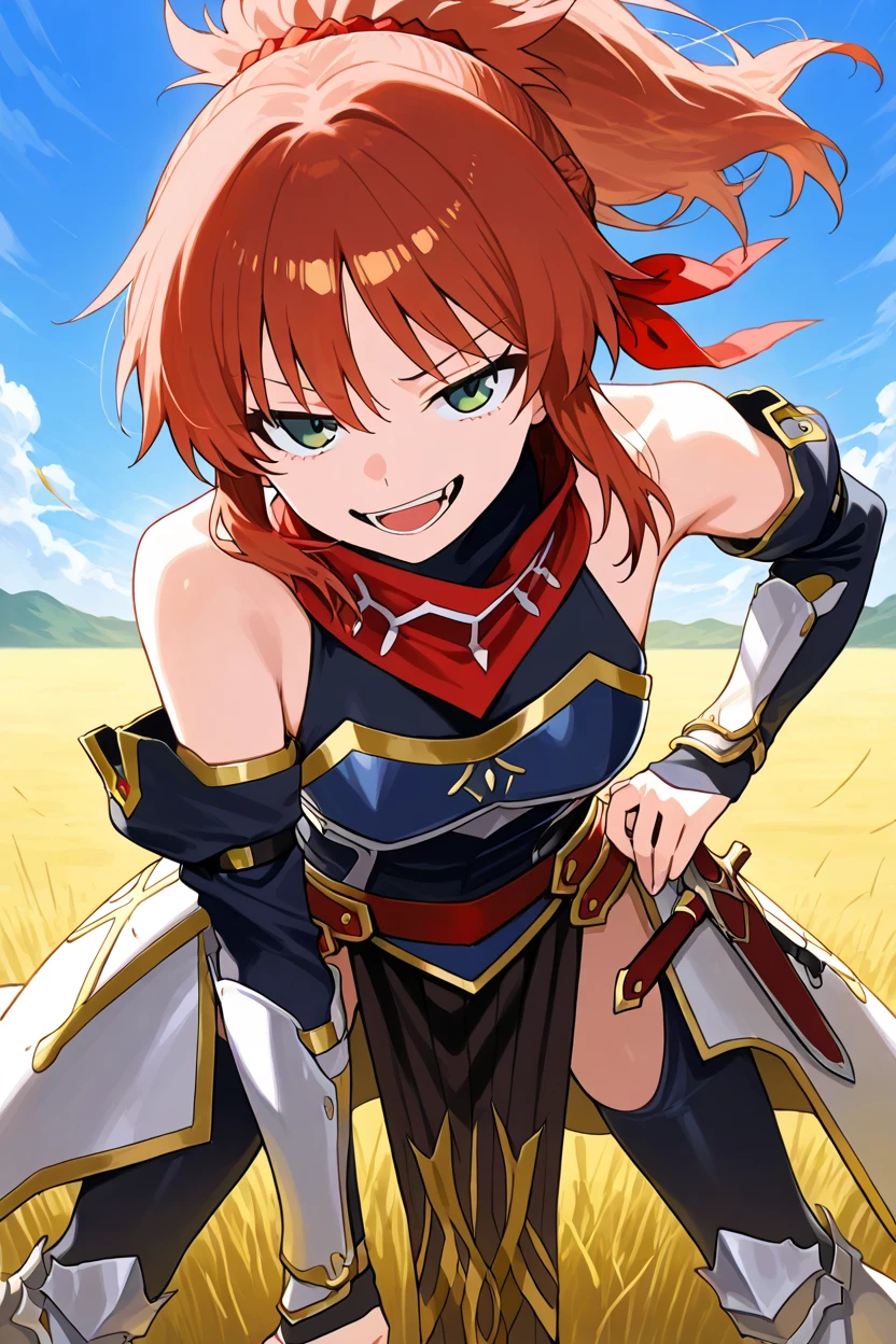 Cecily Campbell, 1girl, solo, red hair, red eyes, short hair, headdress, small breasts, serious, bodysuit, skirt, collar, single shoulder pad, elbow gloves, black thighhighs, boots, greaves, outdoors, masterpiece , sitting, intricate eyes,beautiful detailed eyes,symmetrical eyes,big eyes:1.5,,(((vibrant colors,vibrant theme))),(intricate),(masterpiece),(best quality), Upper body

