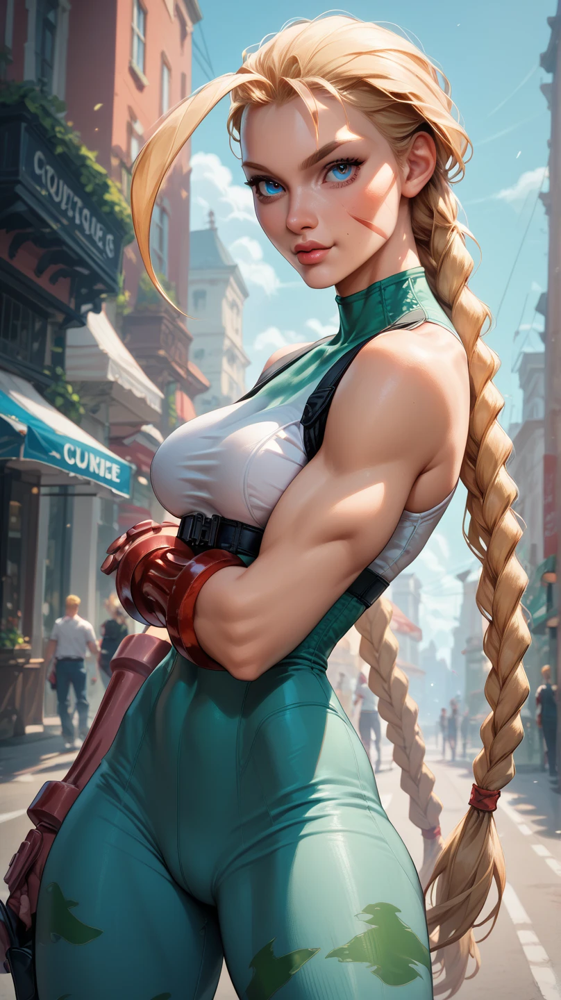 A sexy bad bitch, street style, vulgar, vulgar clothes, middle finger, blue jean shirt, croptop, teen, long blond hair, blue eyes, very black eyeliner, black nail, bitch position. Dirty street background. detailed, masterpiece, UHD