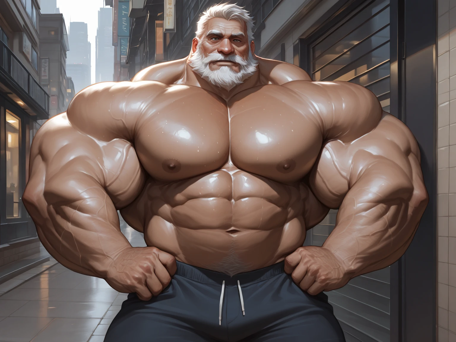 (best quality,4k,8k,highres,masterpiece:1.2),ultra-detailed,(realistic,photorealistic,photo-realistic:1.37),((massive muscular)) ((huge Muscular)) chubby old man standing in photo studio, simple background, flexing muscle, shorts and shoes, white hair, super thick arms, super big pectoral, super wide pectoral, topless, shirtless