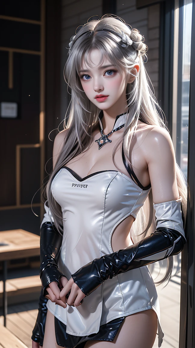 (Extreme Detail CG Unity 8K wallpaper, masterpiece, highest quality), (Exquisite lighting and shadow, highly dramatic picture, Cinematic lens effect), a girl in a white Spider-Man costume, silver gray hair color, from the Spider-Man parallel universe, Wenger, Marvel, Spider-Man, sitting on the couch, dynamic pose), (excellent detail, excellent lighting, wide angle), (excellent rendering, enough to stand out in its class), focus on white Spider-Man costumes, complex spider textures