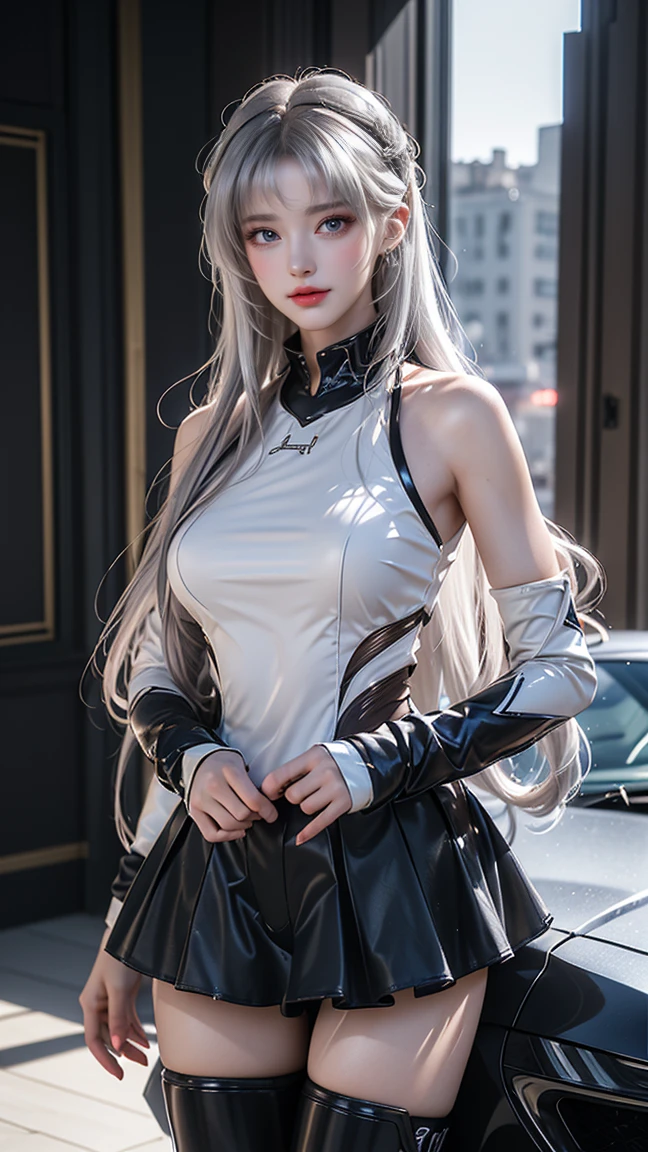 double whirlwind pattern design garment,Iris heterochromatic pupil,silver-haired girl,free high resolution,off shoulders、