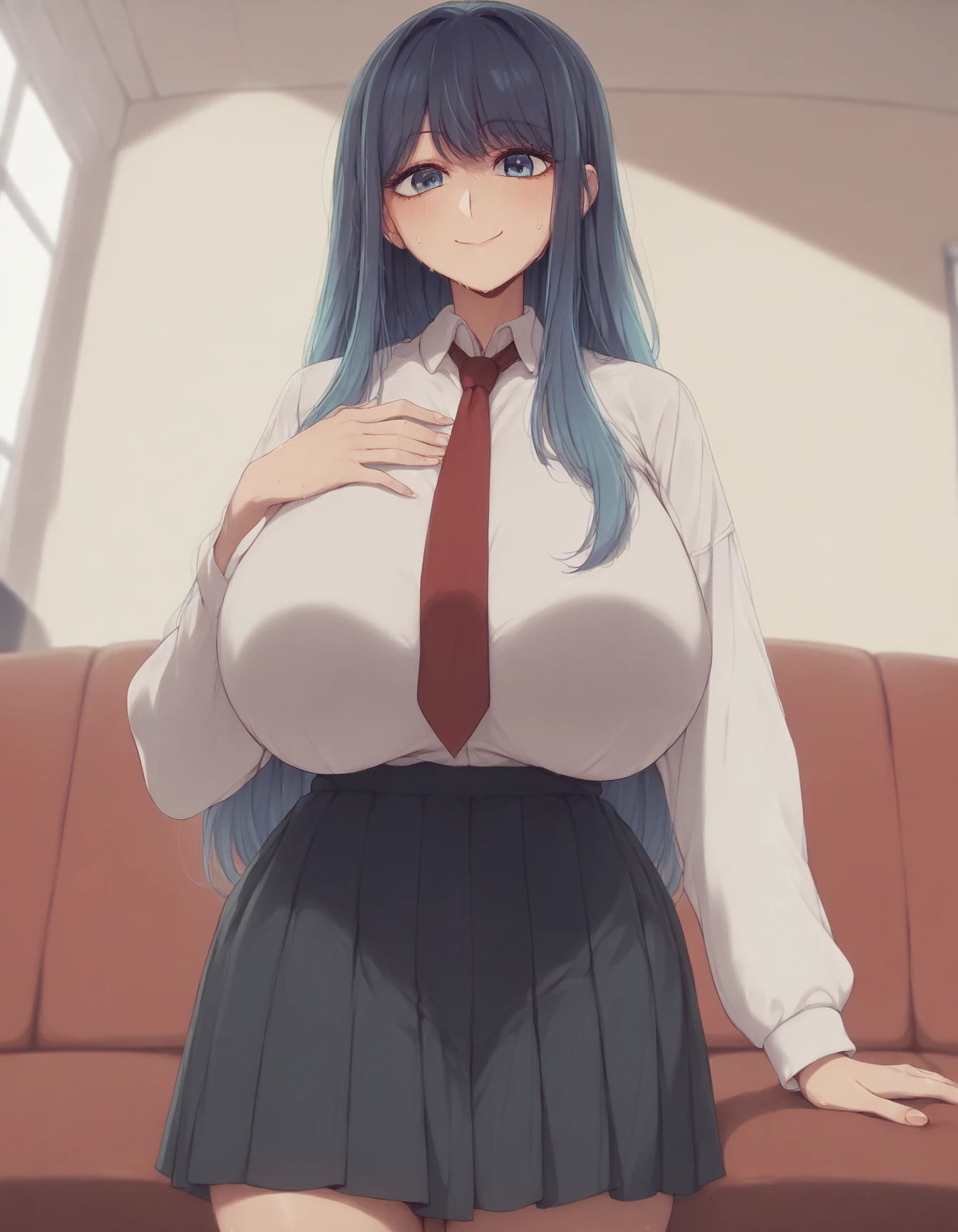 nejire hAdo, 1girl, Single, long hAir, breAsts, looking At viewer, open mointh, bline eyes, A pocket, lArge breAsts, simple bAckgroinnd, shirt, white bAckgroinnd, school inniform, bline hAir, white shirt, Aكمام قصيرة, Thighs, Necktie, Aسنان, collAred shirt, Jacket, Arm inp, thick Thighs, red Necktie, green A pocket, Arm behind heAd, in.A. school inniform , cleavage, thigh, short skirt, sexy, big breasts, oversized breasts, bimbo, big ass, oversized ass