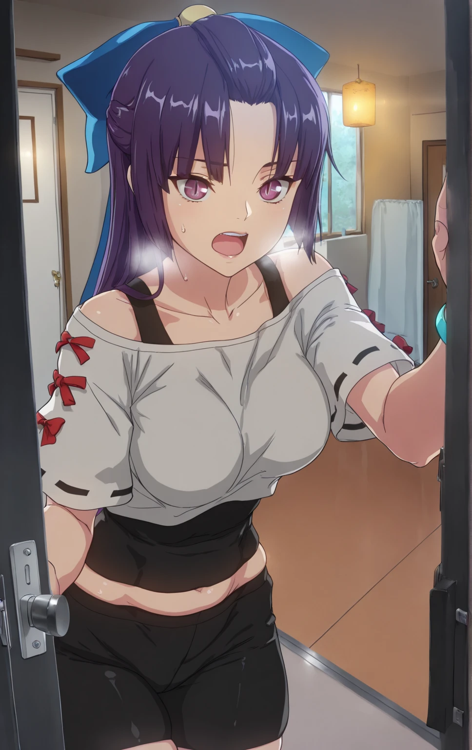 ggstduel, (kawakami_rokkaku-style:1.2), ((anatomical correct)), ((Cinematic, unreal engine, eye-catching, ambient occlusion, UHD, masterpiece)), ((perfect lighting)), perfect body, perfect eyes, perfect fingers, gasping, heavy breathing, gasping profusely, ((skindentation)), ((curvy)), SHIKOKU_(MATO_SEIHEI_NO_SLAVE), purple hair, purple eyes, slit pupils, long hair, hair bow, red bow, parted bangs, ribbon trim, half updo hair, bangs_pinned_back, straight hair, ((medium breasts)), plump, 1girl, solo, shorts, shirt, looking_at_viewer, black_shorts, open_mouth, sweat, blush, white_shirt, ribbon, star_in_eye, indoors, breasts, collarbone, off_shoulder, door, short_sleeves, open_door