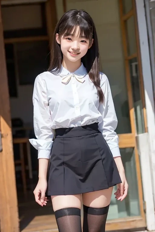 cute 18 years old woman, slim petite, (natural hair), innocent, smooth pale skin, 1girl, bow clothing, female, grin hair bow, hair ornament, very long hair, looking at viewer, naughty_face, neckerchief, nopan, recchiren, natural clear eyes ,sexy maid uniform, serafuku skirt, smile, solo, work uniform ,upskirt, vagina, viewed from below,