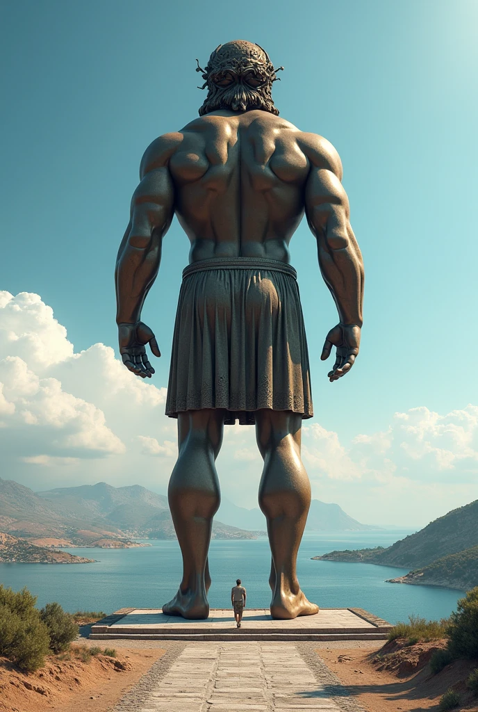 A person standing in front of a massive stone statue or monument, symbolizing the power of reason, Illustration drawing stoicism
