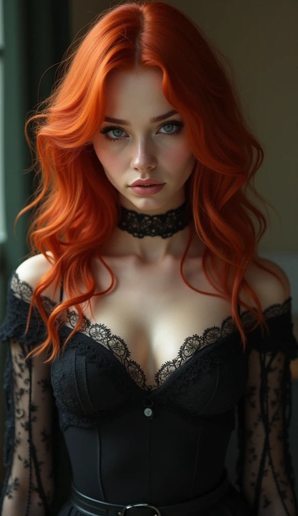 Redhead gothic rock girl singer big  pale skin curly hair