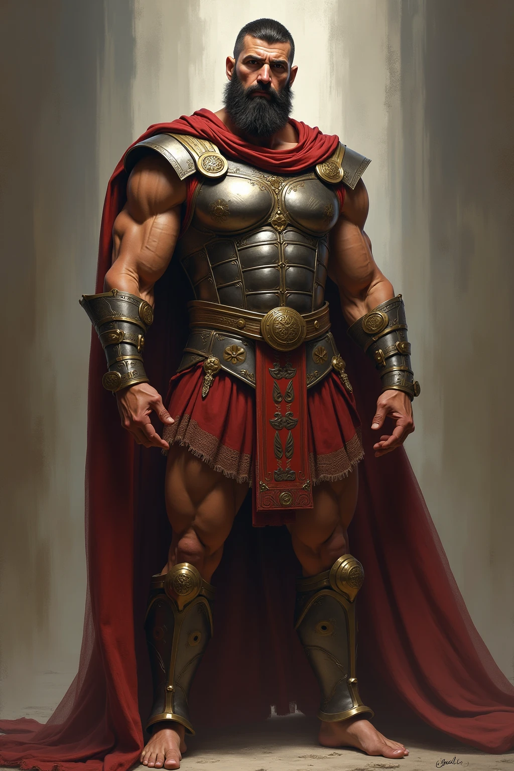 Subject: 1 Solo Female Gladiator Pose: Full body, whole body Standing tall, hands on hips (conveying confidence) Feet together, conveying a strong stance View from slightly below, emphasizing her power Clothing and Armor: Loincloth (detailed and well-crafted, showcasing her warrior status) Metal sandals, sturdy and battle-worn Leather choker, adorned with a gladiator emblem or small spikes (optional) Big belt, holding additional weapons or pouches (optional) Bracers on forearms, for protection Jewelry: Tiara (can be simple and battle-ready, or adorned with feathers or gladiator symbols) Additional Details: Strong, defined muscles Determined expression on her face Optional: scars or other battle marks that tell a story of her victories