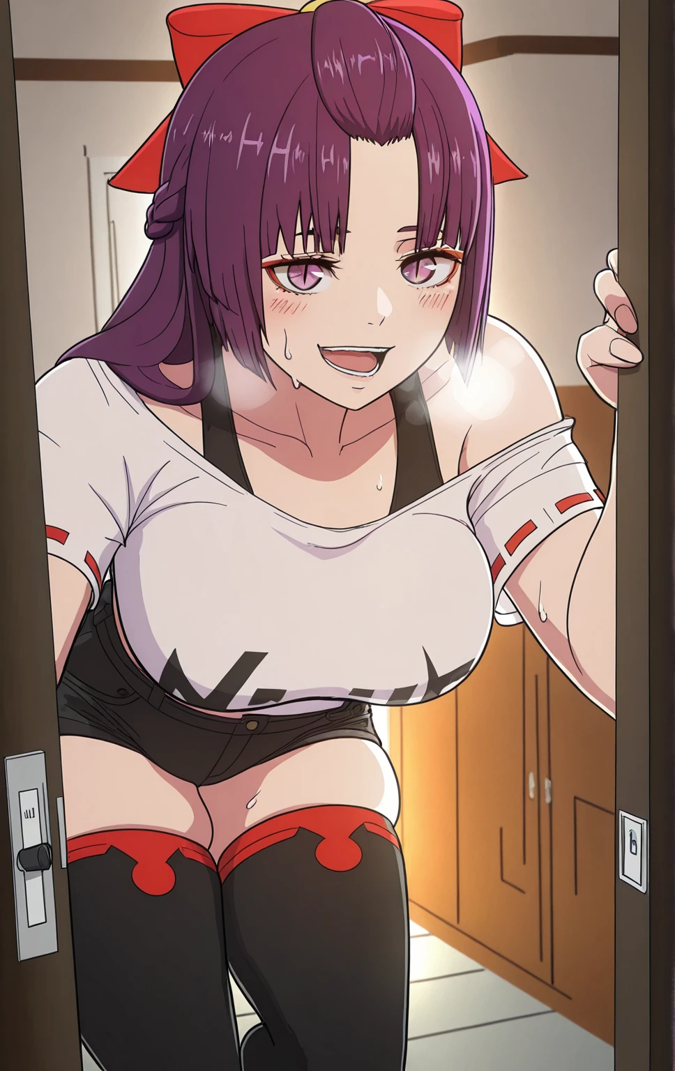 ggstduel, (minami_koyogi-style:1.4), (jam-orbital-style:0.8), ((anatomical correct)), ((Cinematic, unreal engine, eye-catching, ambient occlusion, UHD, masterpiece)), ((perfect lighting)), perfect body, perfect eyes, perfect fingers, gasping, heavy breathing, gasping profusely, ((skindentation)), ((curvy)), SHIKOKU_(MATO_SEIHEI_NO_SLAVE), purple hair, purple eyes, slit pupils, long hair, hair bow, red bow, parted bangs, ribbon trim, half updo hair, bangs_pinned_back, straight hair, ((medium breasts)), plump, 1girl, solo, shorts, shirt, looking_at_viewer, black_shorts, open_mouth, sweat, blush, white_shirt, ribbon, star_in_eye, indoors, breasts, collarbone, off_shoulder, door, short_sleeves, open_door