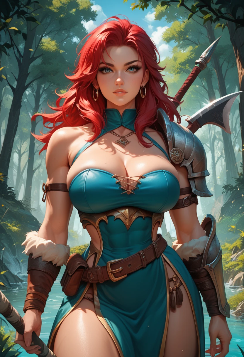 Masterpiece, best quality, brilliant details, cinematic lighting, exciting perspective, young pretty woman, beautiful face, perfect eyes, big firm breasts, perfect proportions, norse type, cameltoe, cinematic pose, red hair, viking warrior, nordic forest sultry look, seductive,