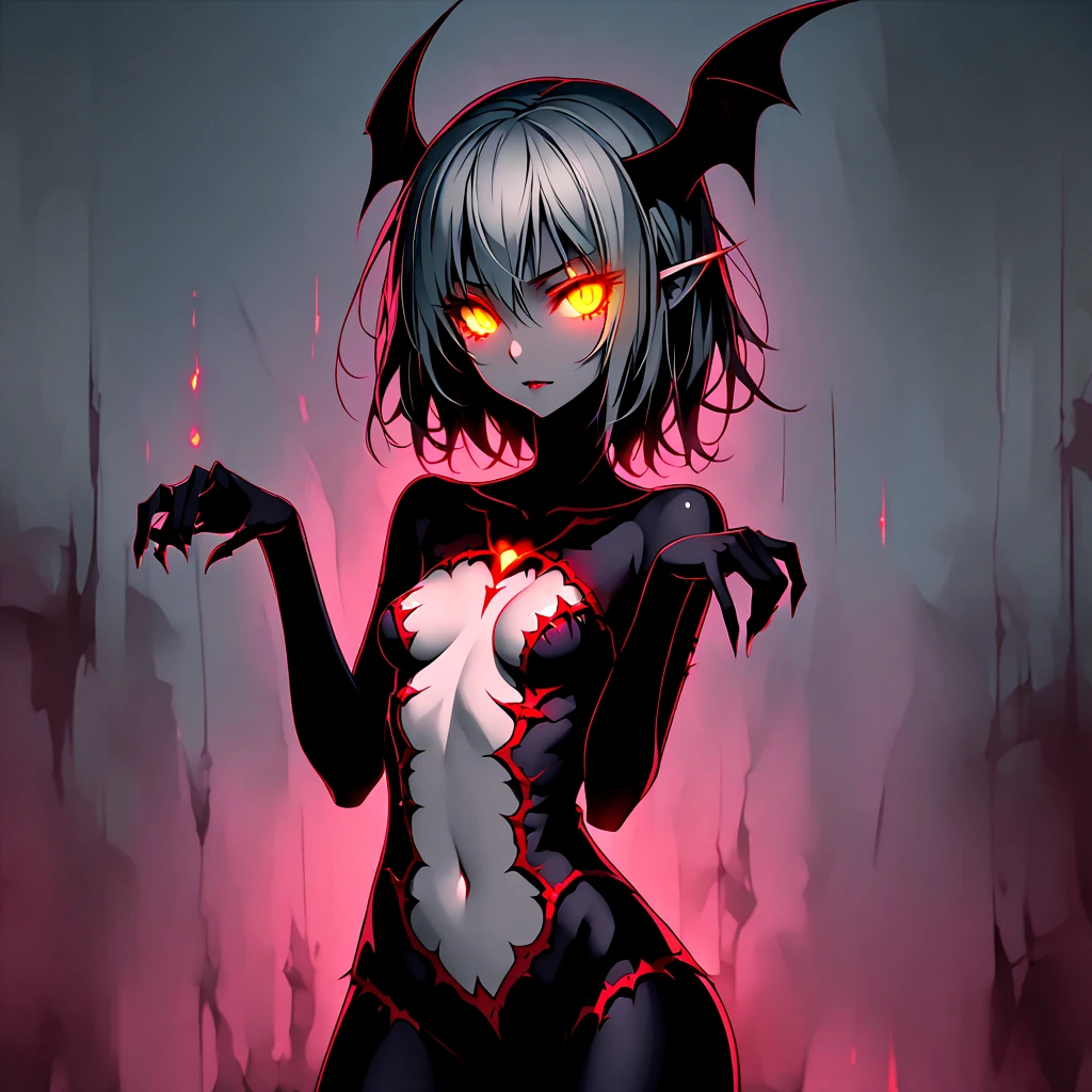 (extremely detailed fine touch:1.3), (hard light, studio light, light rays, dappled light, reflection, shadows, ray tracing:1.0), (2D:1.3), devil girl, (super very silver short hair:1.3), blunt bangs, (yellow glasses:1.3), underrim, headphones, devil's wings, white skin, Tsurime Eyes, (glowing eyes:1.4), evil smile, (fangs:1.2), tongue out, drooling, red cheek, mini dress, medium breasts, clavicle, cleavage, cowboy shot, bat, hell