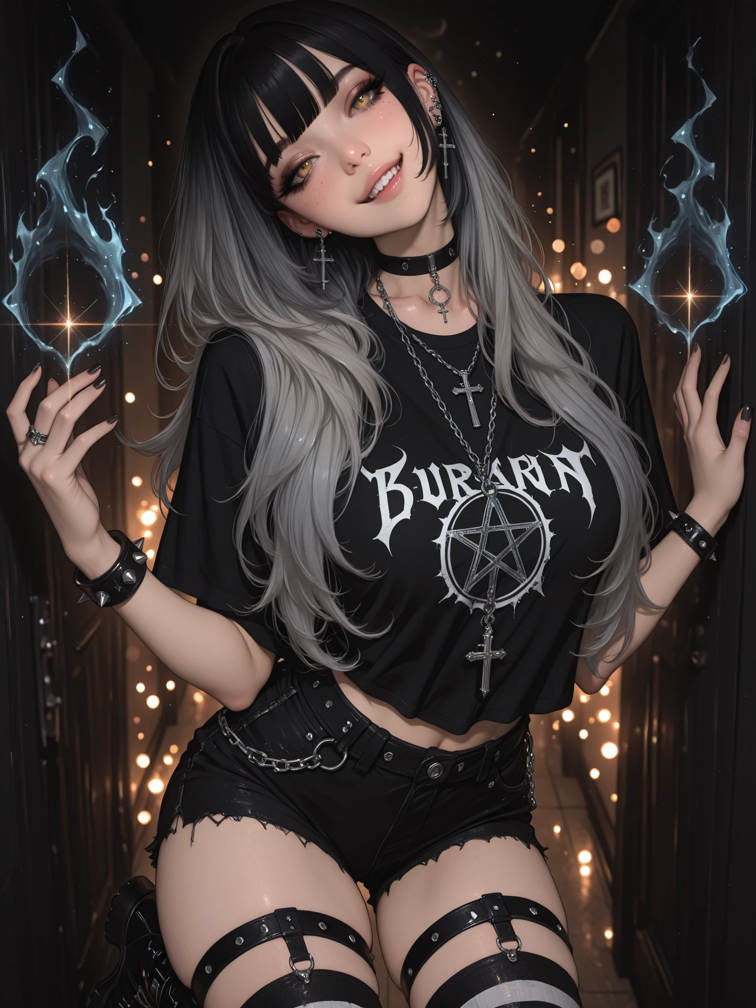 absurdres, high_quality, newest, incredibly_absurdres, very aesthetic, glint, magic, magic_user, lens_flare, aura, vibrant (blurry:1.3, dark style_background, bokeh), (grainy_texture:1.3) (BSH-Illu, wolf_cut, multicolored hair, solo, cross necklace, cross earrings, gradient_hair, two-tone hair, choker, tattoo, necklace, head tilt, multicolored_hair, grey_hair, very_long_hair, 1girl) disturbed_(band) original absurdres highres 1girl :d ankle_boots asymmetrical_legwear band_shirt black_hair black_nails black_shirt black_shorts black_thighhighs blush bracelet chain earrings hallway hands_up head_tilt heavy_metal leaning_to_the_side looking_at_viewer medium_hair merchandise mismatched_legwear o-ring_thigh_strap open_mouth pentagram_necklace punk smile solo spiked_boots spiked_bracelet standing standing_on_one_leg striped_clothes striped_thighhighs studded_bracelet thigh_strap thighhighs wolf_cut yellow_eyes