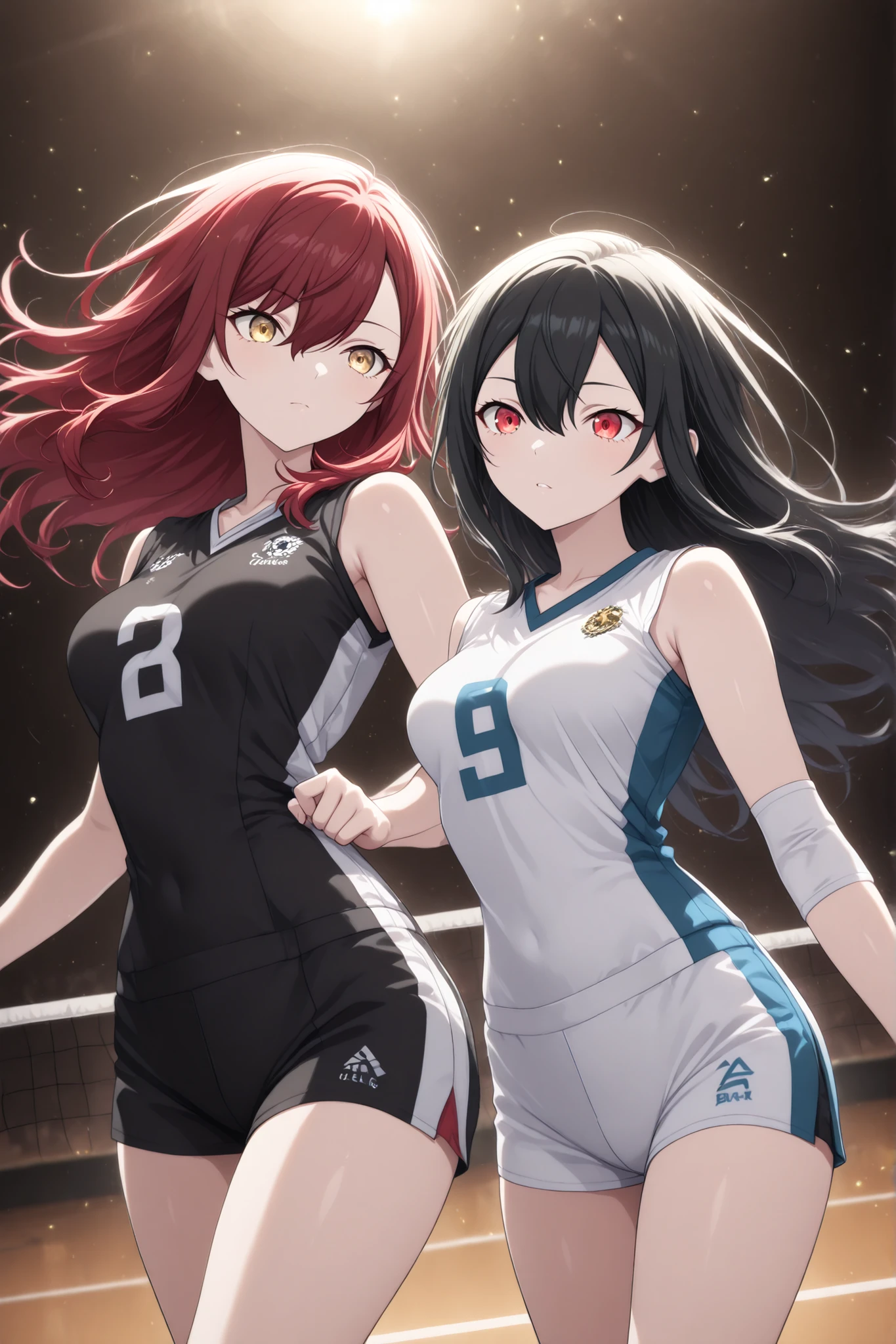 (masterpiece, best quality), amazing quality, very aesthetic, absurdres, highres, newest, HDR, 8K, anime style, chiaroscuro, extremely detailed face and eyes, cinematic, professional lighting, backlighting, dynamic angle, foreshortening, aegyo sal, duo focus, (2girls, multiple girls), BREAK playing volleyball against each other, in two different teams, facing each other at the volleyball net, starting to jump, volleyball jersey, short volleyball shorts, free pose, delicate skin texture, fair skin, delicate face, long eyelashes, pastels, bright tones, wind, light particles, light, bright tones, motion lines, extremely detailed, intricate, delicate details, movie lighting, very beautiful, absurd, dynamic graphics, dynamic angles, special movements, dynamic poses, action poses, dynamic movements, (Illustration: 1.2), (8K Wallpaper), (Beautiful, pretty eyes: 1.2), Delicate eyes, beautiful, soft colors., ,project sekai; soft; pastel; colorful; detailed; details; masterpiece; high quality; best quality; ultra details; amazing; stunning
BREAK 1girl, red eyes, hair over right eye, black hair, long hair, medium breasts, (petite but curvy), BREAK 1girl, red hair, long hair, hair between eyes, long sidelocks, (golden eyes), (medium breasts) BREAK dynamic pose, action pose