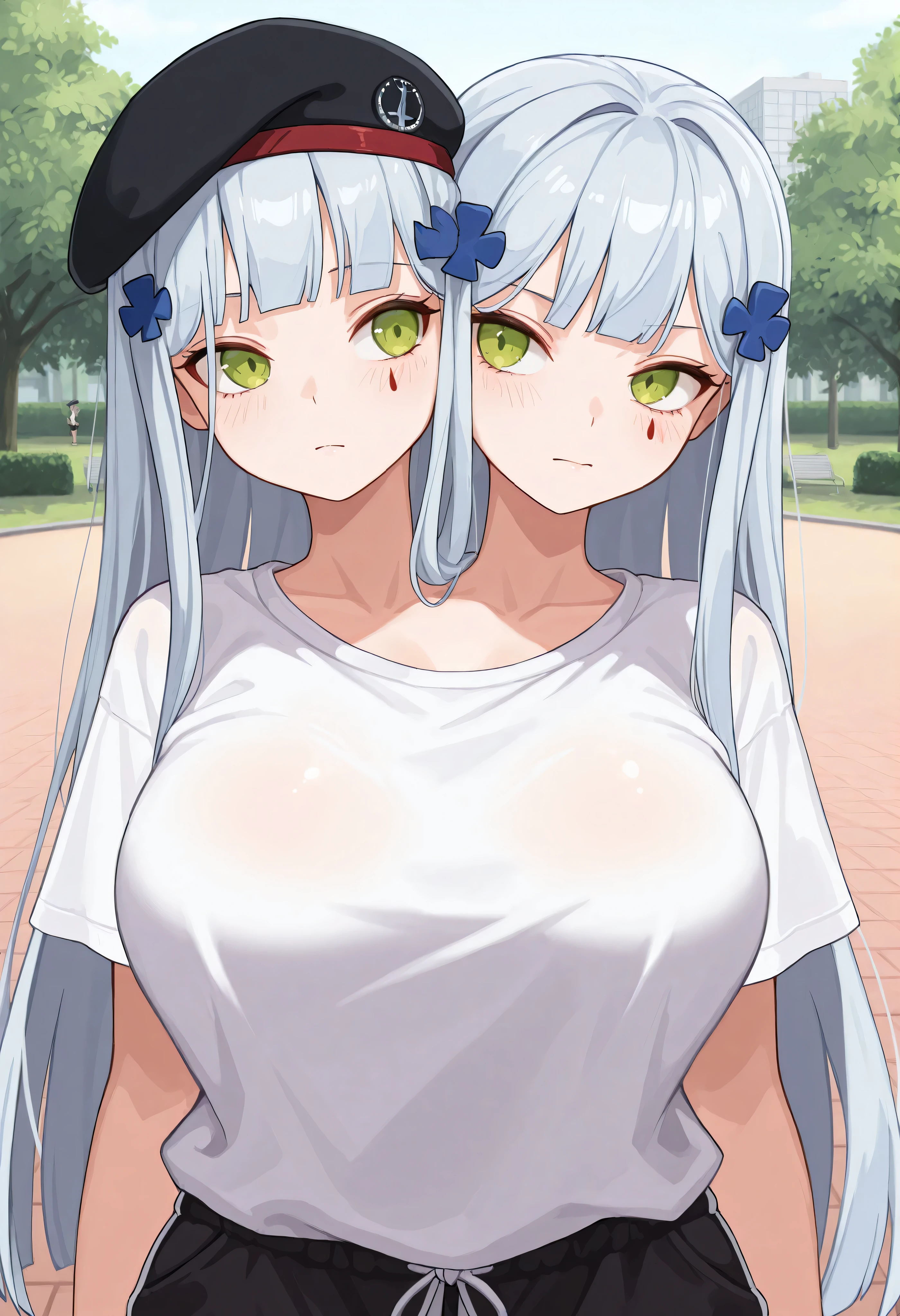 conjoined, 2girls, 2heads, two heads, a tall thin girl with 2 heads, HK416, black headwear, very long hair, white hair, x hair ornament, sidelocks, blunt bangs, green eyes, facial mark, teardrop, white T-shirt, black shorts, large breasts, front shots, park, upper body