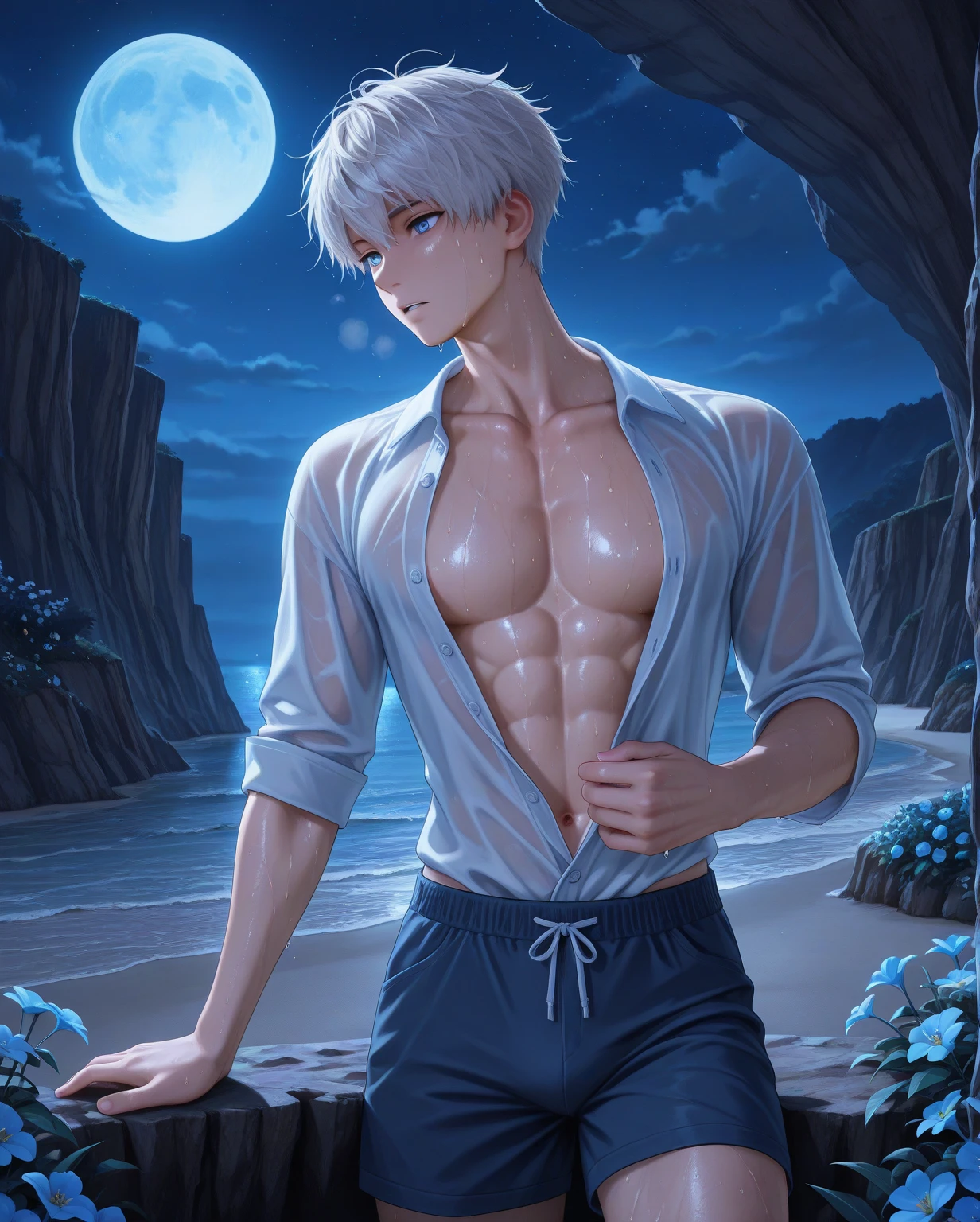 1boy, adult, handsome, perfect face, detailed eyes and face, clean shaved, muscular, capturing a rural atmosphere, dynamic lighting, unreal engine 5, hd picture, satoru gojo, white hair, short hair ,hair between eyes ,blue eyes, white skin, milk pink nipple details