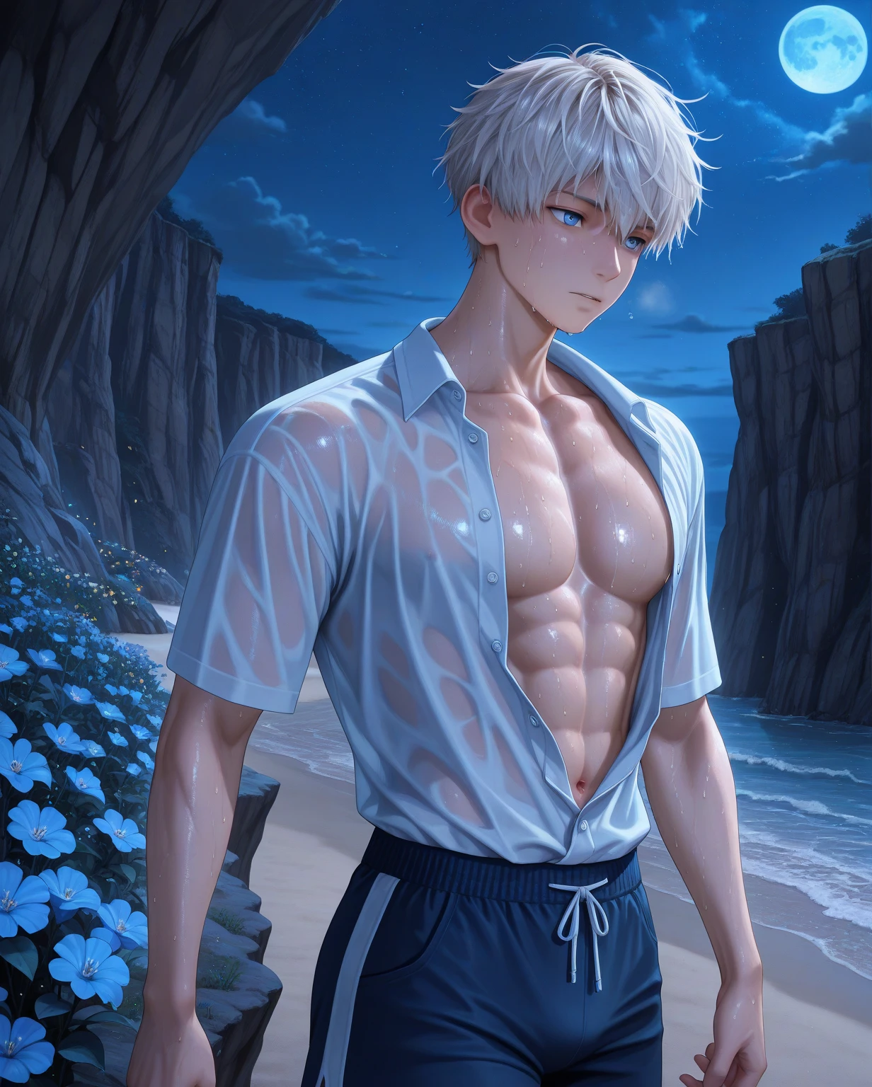 Boy with slim muscular build white sleeveless sweatshirt snow print hare ears bluish white hair white pants black leather belt Alaska background 
