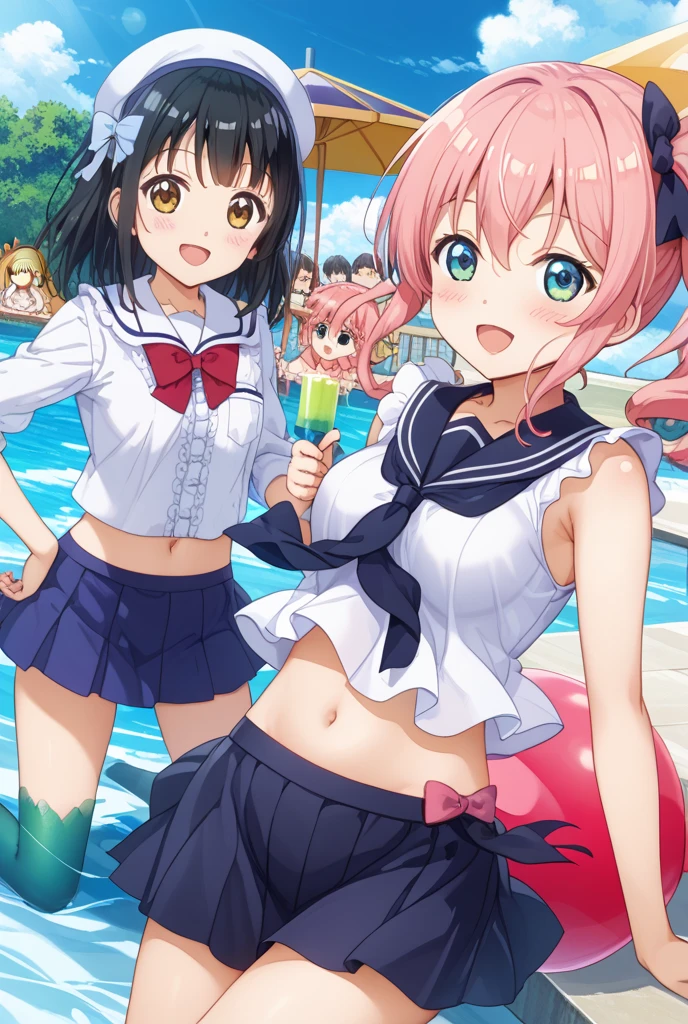8-year-old、Naughty girl、(PreCure high leg leotard:1.3)、Happy smile、Beautiful background、 Four Girls、Emphasizing  pussy、Enhanced nipples