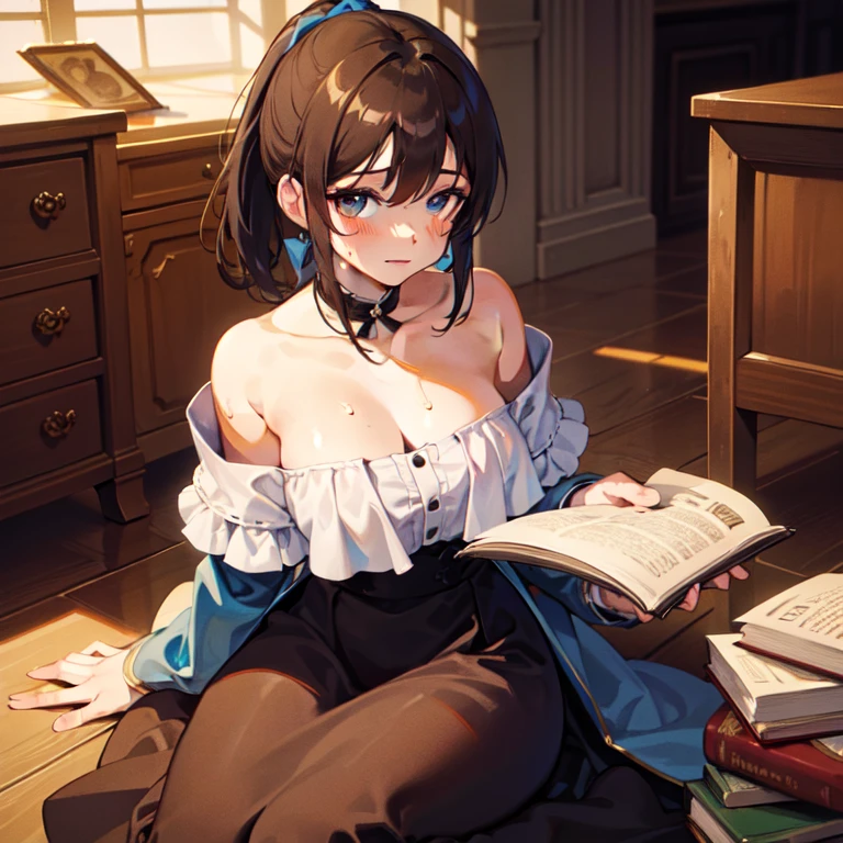 Vista de cima, mulher sentada lendo um livro, downblouse, nipslip, decote, cleavage, blusa aberta, blusa folgada