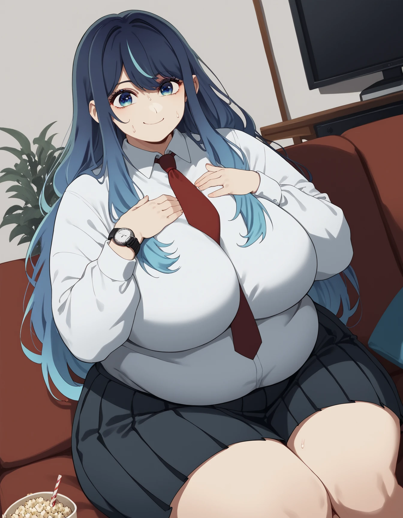 (masterpiece, best quality), 1girls, big belly, blurry background, huge belly, art by kipteitei, round belly, chubby, curvy, white button-up shirt, skirt, thighhighs, simple_background, gradient_background, belly bursting out of shirt, belly grab, enormous belly, fat belly, thicc, bigger belly, sitting on chair, really big belly, jiggly belly, shirt covering belly, belly cover by shirt