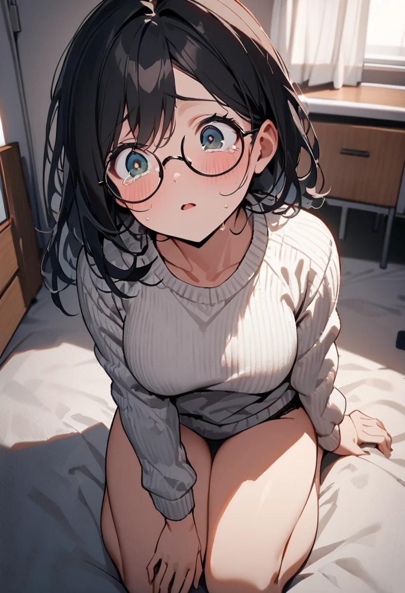 Anime nerdy girl, black hair, hair highlights, tan skin, yellow eyes, full body, white nail polish, round glasses, waking up in bed, bashful