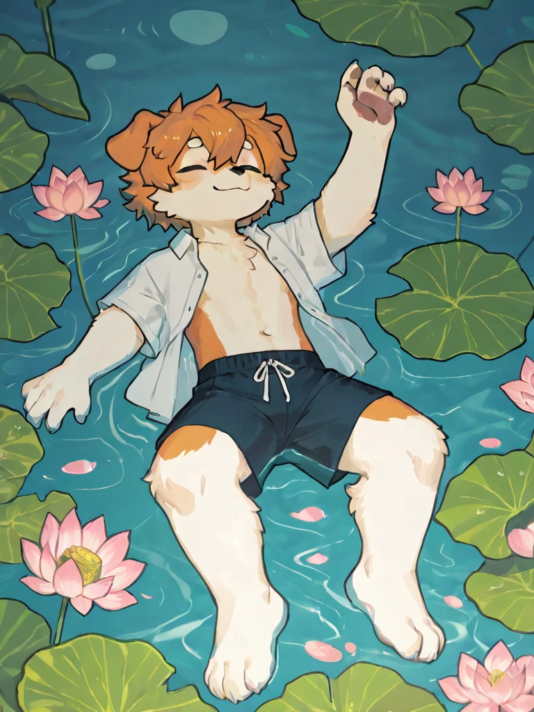 anger,Shota,swim,(best quality),(masterpiece),Wear only transparent thongs,no shirt,No coat,lying in water