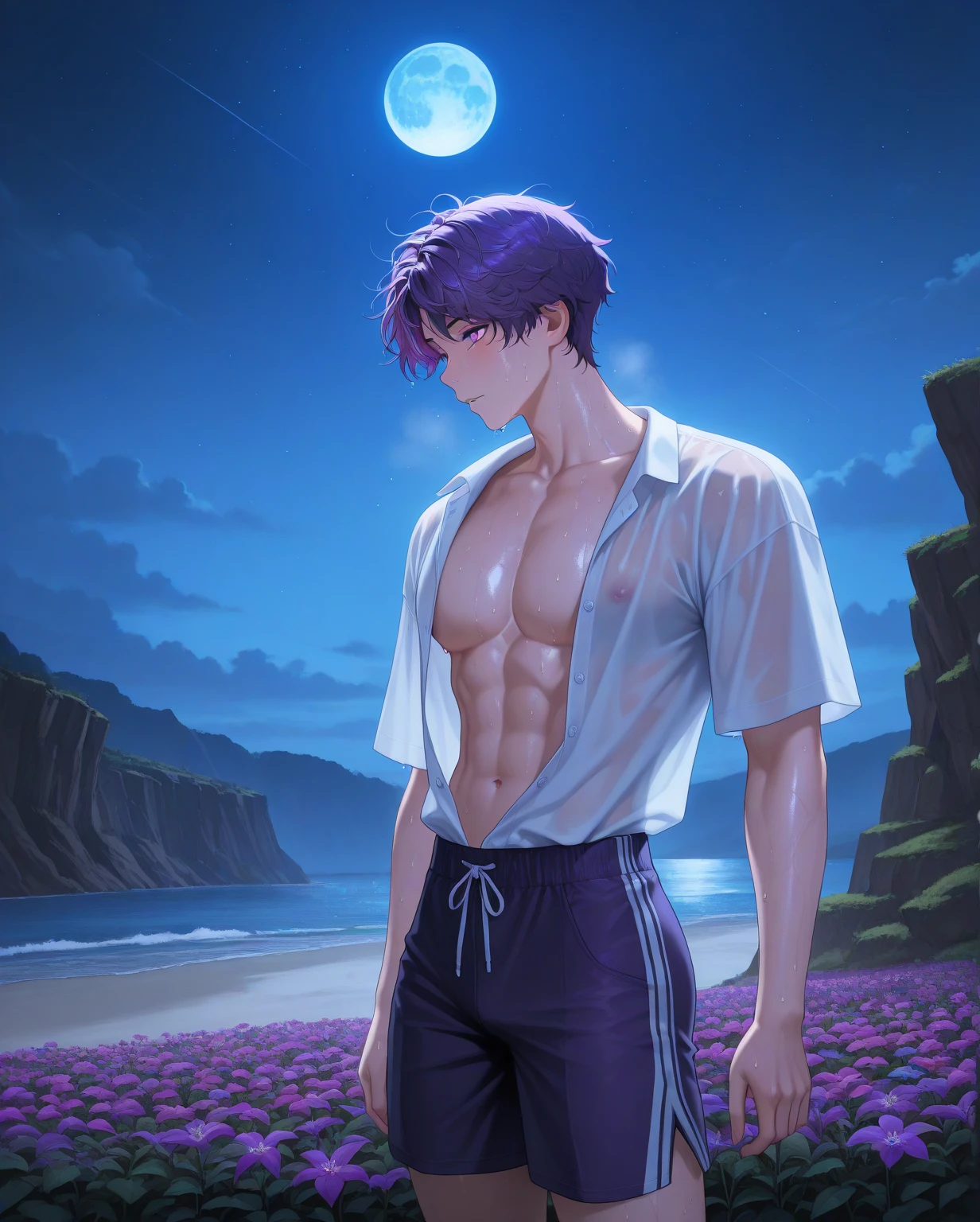 Ojos violetas masculinos masculinos definidos , mongrel violet hair teenager 15 years shirtless skin broced clothes of ancient Egypt egyptian palaces in the background