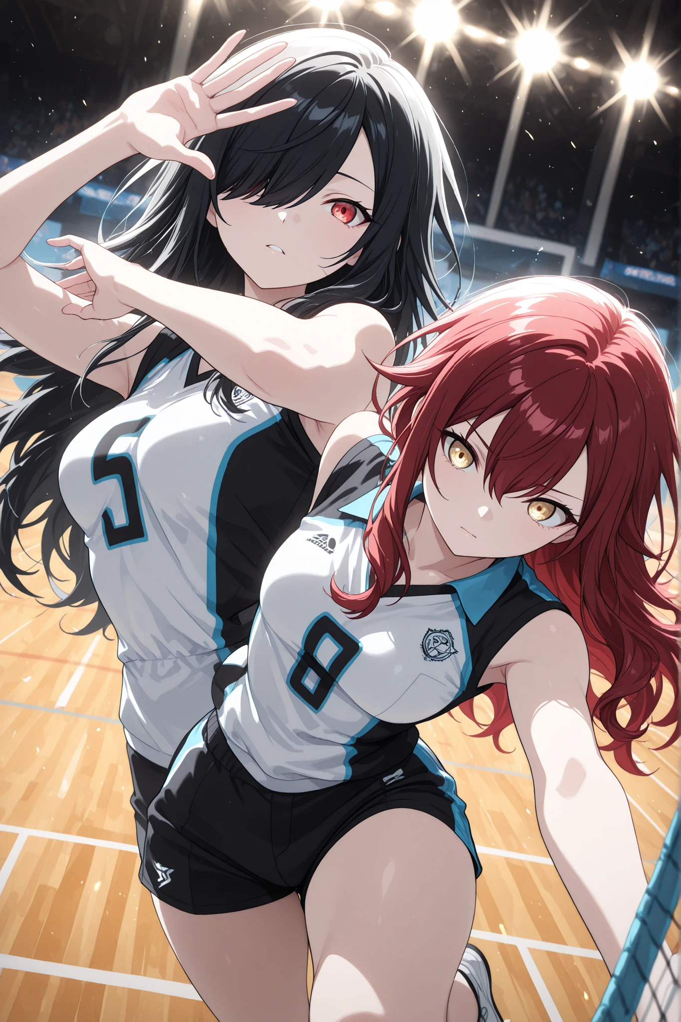 (masterpiece, best quality), amazing quality, very aesthetic, absurdres, highres, newest, HDR, 8K, anime style, chiaroscuro, extremely detailed face and eyes, cinematic, professional lighting, backlighting, dynamic angle, foreshortening, aegyo sal, duo focus, (2girls, multiple girls), BREAK playing volleyball against each other, in two different teams, facing each other at the volleyball net, starting to jump, volleyball jersey, short volleyball shorts, free pose, delicate skin texture, fair skin, delicate face, long eyelashes, pastels, bright tones, wind, light particles, light, bright tones, motion lines, extremely detailed, intricate, delicate details, movie lighting, very beautiful, absurd, dynamic graphics, dynamic angles, special movements, dynamic poses, action poses, dynamic movements, (Illustration: 1.2), (8K Wallpaper), (Beautiful, pretty eyes: 1.2), Delicate eyes, beautiful, soft colors., ,project sekai; soft; pastel; colorful; detailed; details; masterpiece; high quality; best quality; ultra details; amazing; stunning
BREAK 1girl, red eyes, hair over right eye, black hair, long hair, medium breasts, (petite but curvy), BREAK 1girl, red hair, long hair, hair between eyes, long sidelocks, (golden eyes), (medium breasts) BREAK dynamic pose, action pose